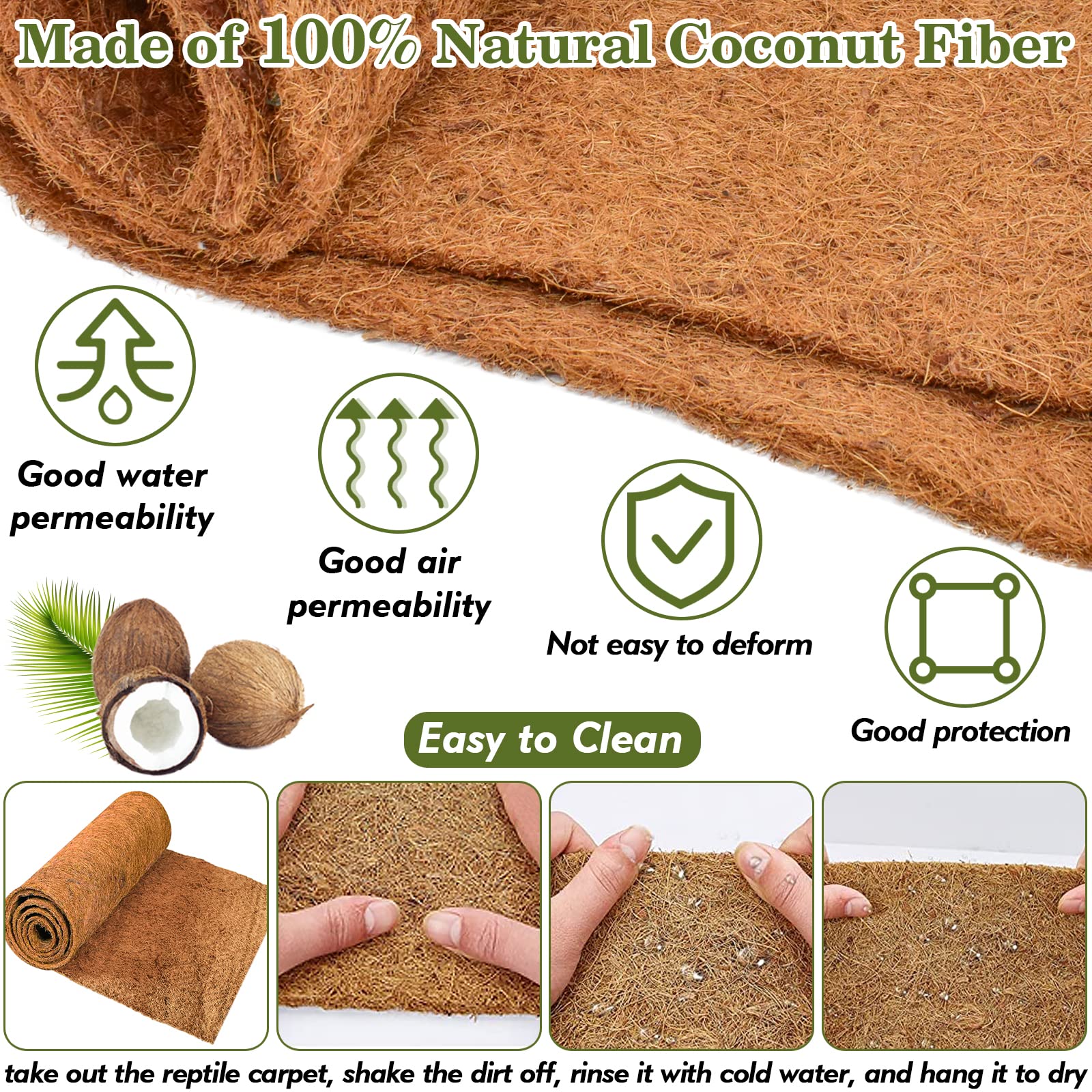 ZeeDix 3 Pieces Coconut Fiber Reptile Substrate Mat, 12 x 20 inches Natural Coco Mat Reptile Carpet Coco Fiber Liner Turtle Bedd