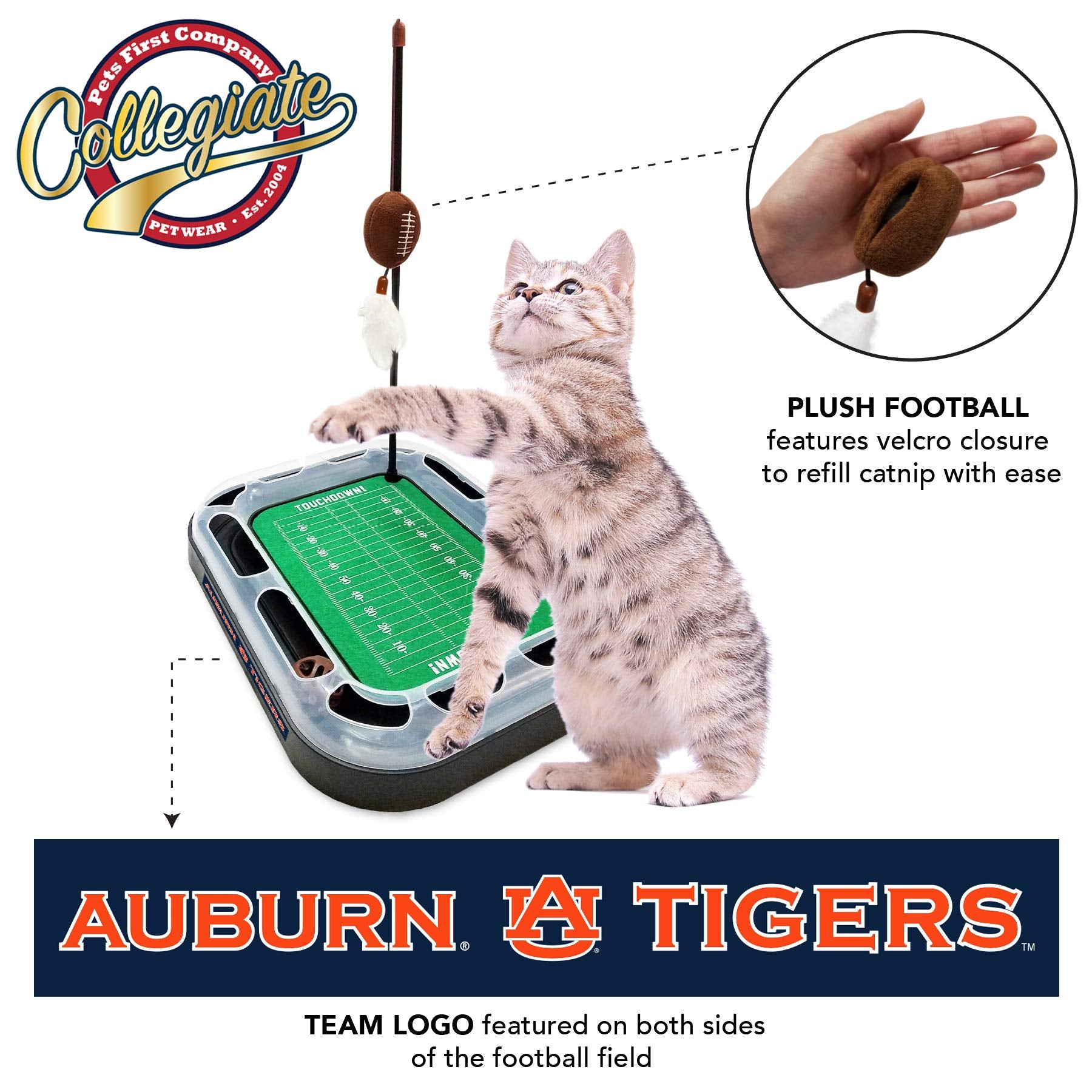 Pets First Ncaa Auburn Tigers Reversible Football Field Cat Scratcher Toy With Catnip Filled Plush Football Toy&Feather Cat Toy