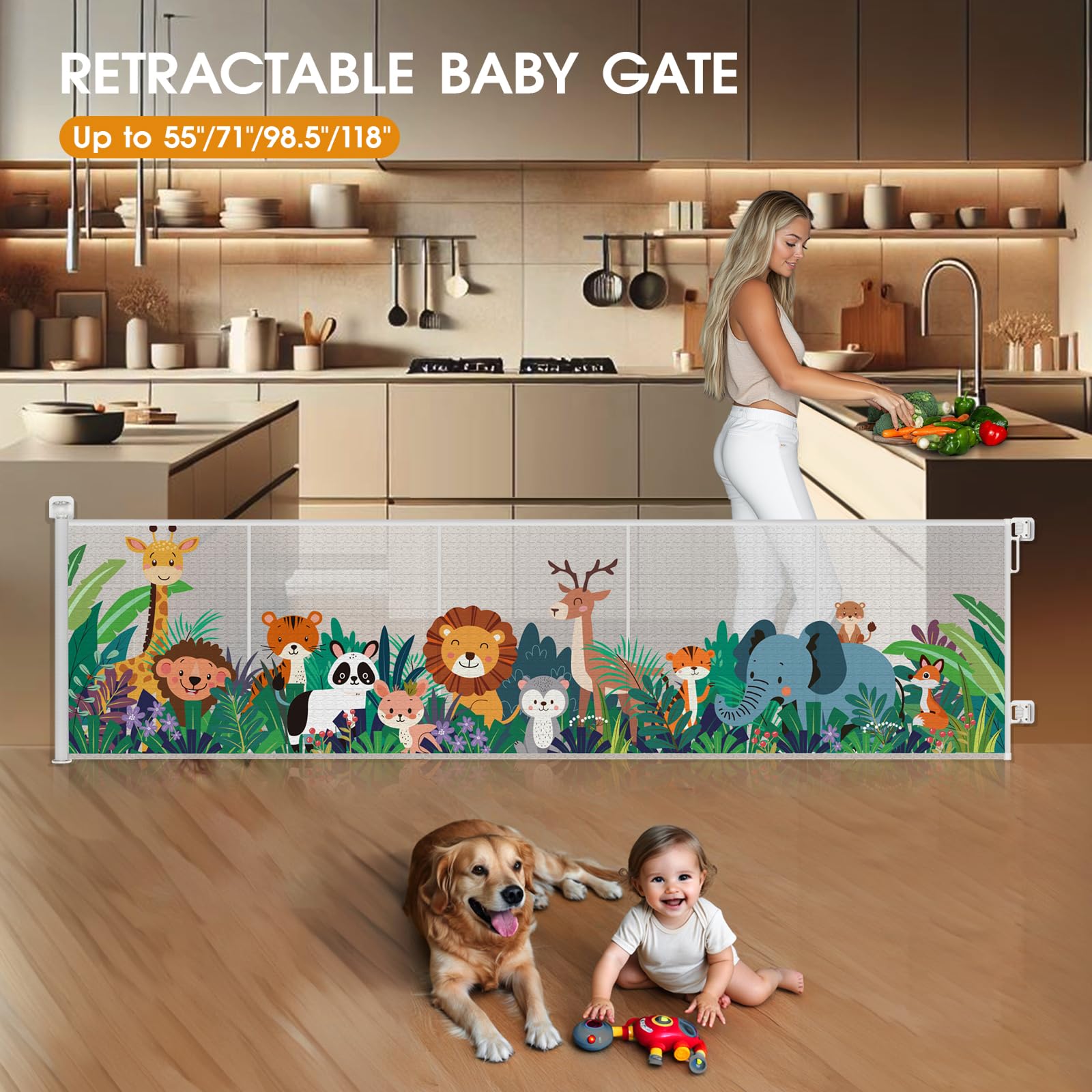HOMEAL Retractable Baby Gate, Large Opening Retractable Mesh Gates for Baby and Pet, Extra Wide Indoor Outdoor Baby Gate for Sta