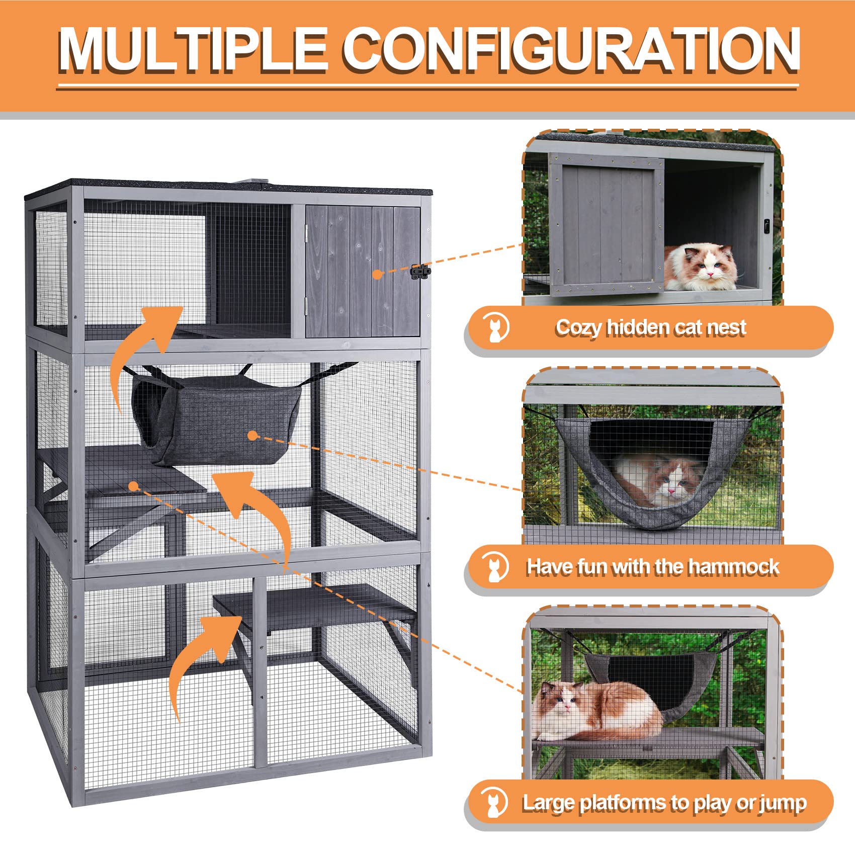 X-Zone Pet Catio Wooden Cat House, Outdoor 3 Floors Cat Enclosure, Indoor Large Kitten Playpen With Hammock & Resting Box, Cat C