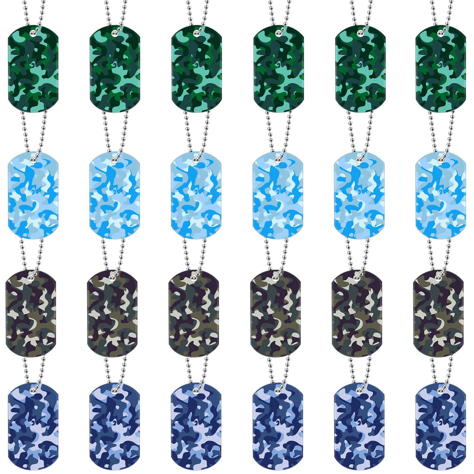 Saintrygo 24 Pcs Camouflage Dog Tags Military Acrylic Army Dog Tags Party Favors Camo Party Favors Camo Necklace With Metal Beaded Chain For Men Soldier Arm(Green, Blue, Khaki, Gray)