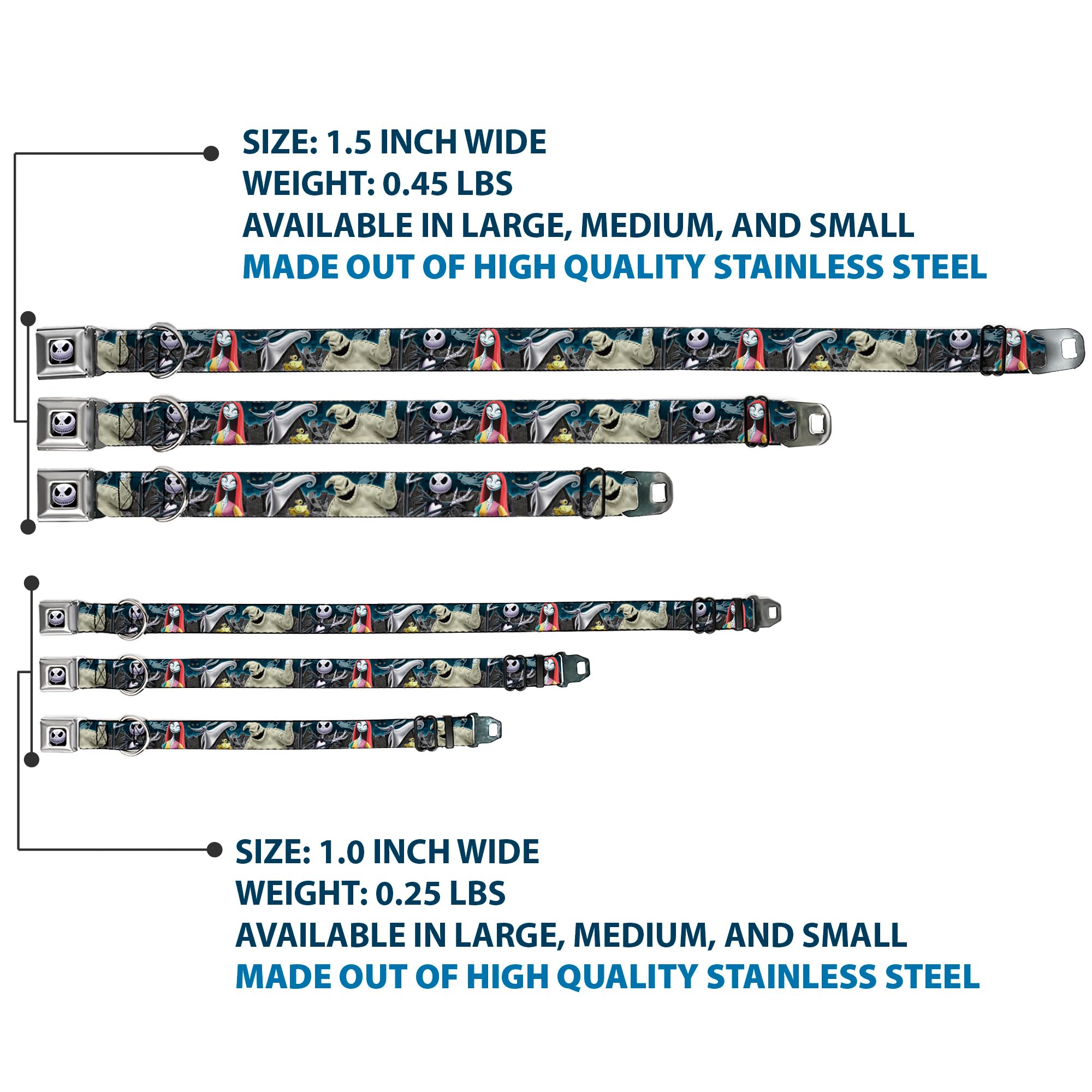 Dog Collar Seatbelt Buckle Nightmare Before Christmas 4 Character Group Cemetery Scene 11 To 17 Inches 1.0 Inch Wide