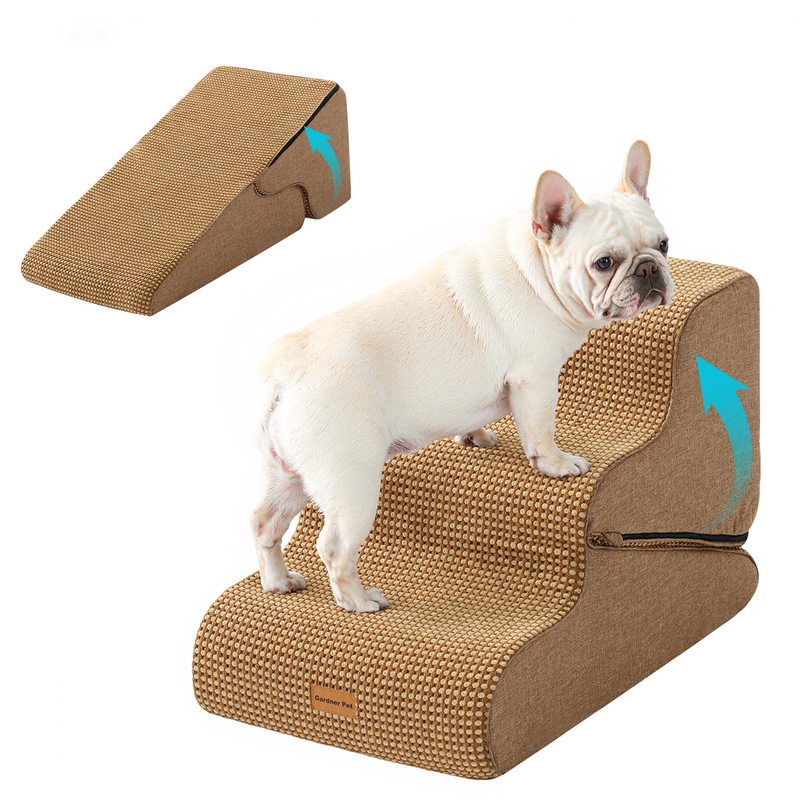 Gardner Pet Dog Stairs for Small Dogs 16.5 H, 2 in 1 Transformable 3-Step Pet Stairs and Dog Ramp for Couch (13-20 in), Brown Ad