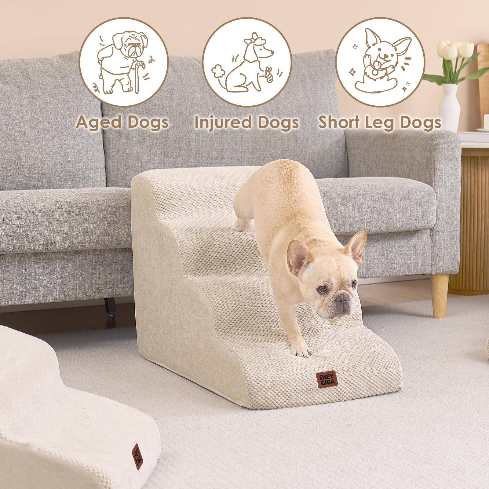 Eheyciga Curved Dog Stairs Ramp For High Beds 19.7' H, 4-Step Dog Steps For Small Dogs And Cats, Pet Stairs For High Bed Climbing, Non-Slip Balanced Pet Step Indoor, Beige