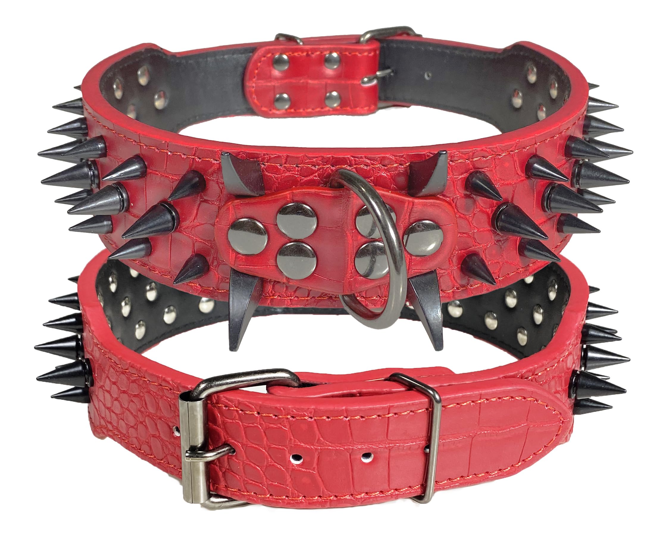 Kawagogo Spiked Studded Dog Collar With Large Sharp Spikes,2 Inch Wide Red Leather Dog Collar,Anti-Bite,Fit Large Medium Dogs,Pi