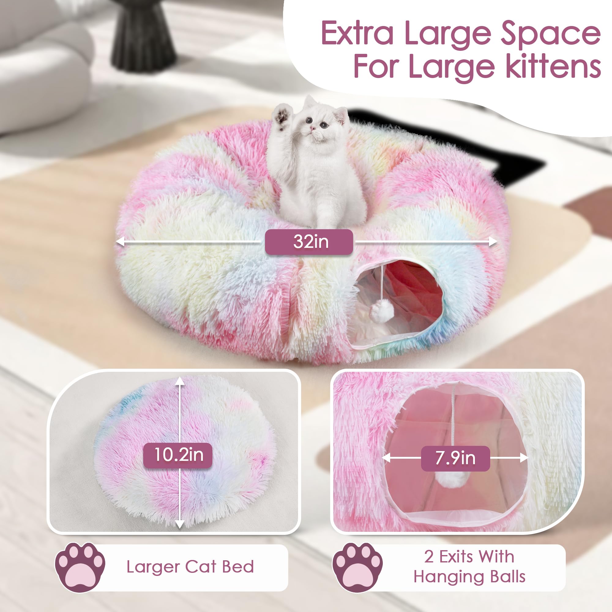 Cat Tunnel Bed For Indoor Cats, Catasaurus Peekaboo Cat Cave With Washable Soft Play Mat, Furry Cat Tube, For Kitten/Puppy/Rabbi