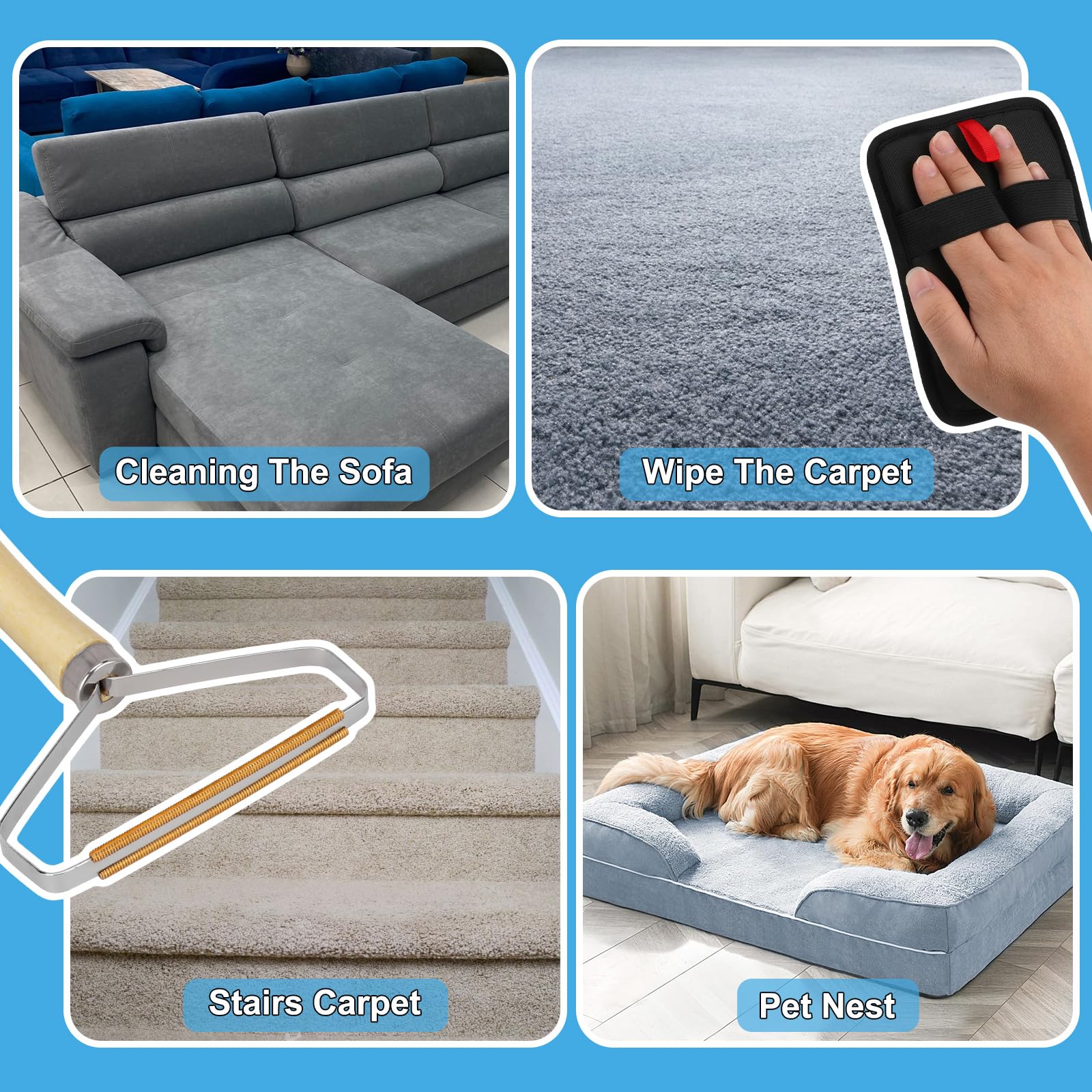 3 in 1 Carpet Rake for Pet Hair Removal, Reusable Pet Hair Remover Broom, 60   Adjustable Long Handle Dog and Cat Hair Remover