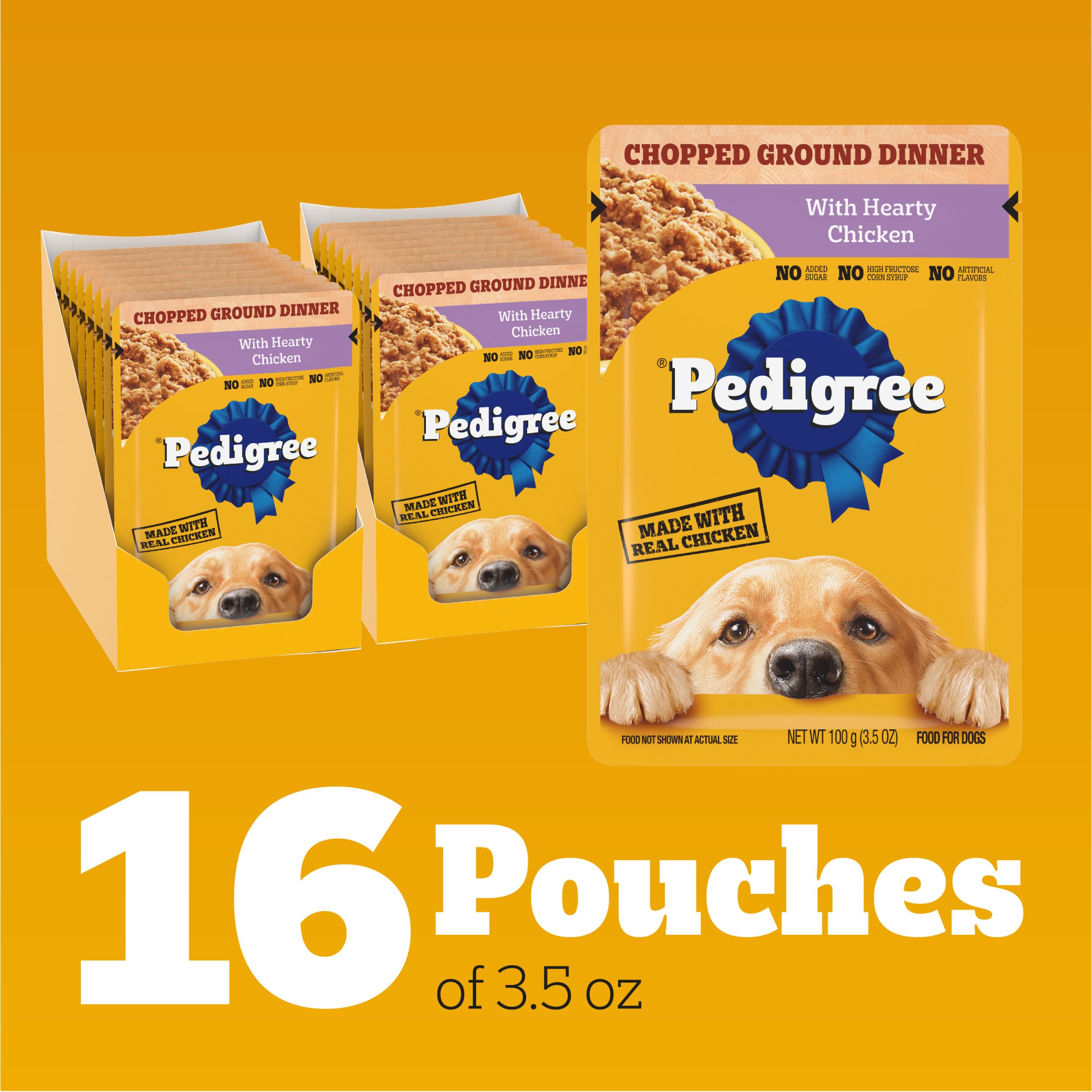 PEDIGREE CHOPPED GROUND DINNER Adult Soft Wet Dog Food With Hearty Chicken, 3.5 oz Pouches, 16 Pack