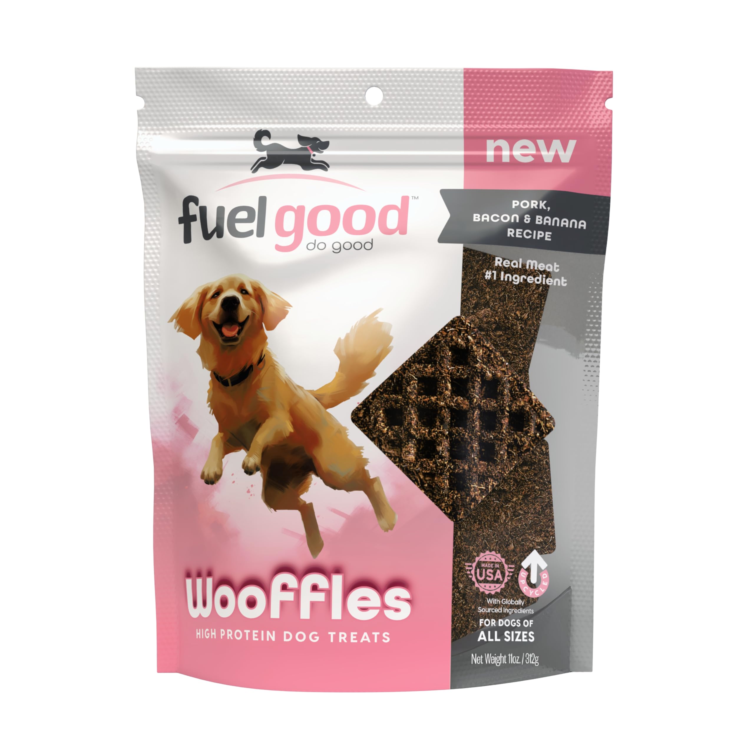 Fuel Good Wooffles High Protein Dog Treats - Pork, Bacon & Banana Recipe - 11oz Bag - High Protein Treats for Dogs, Made in The 