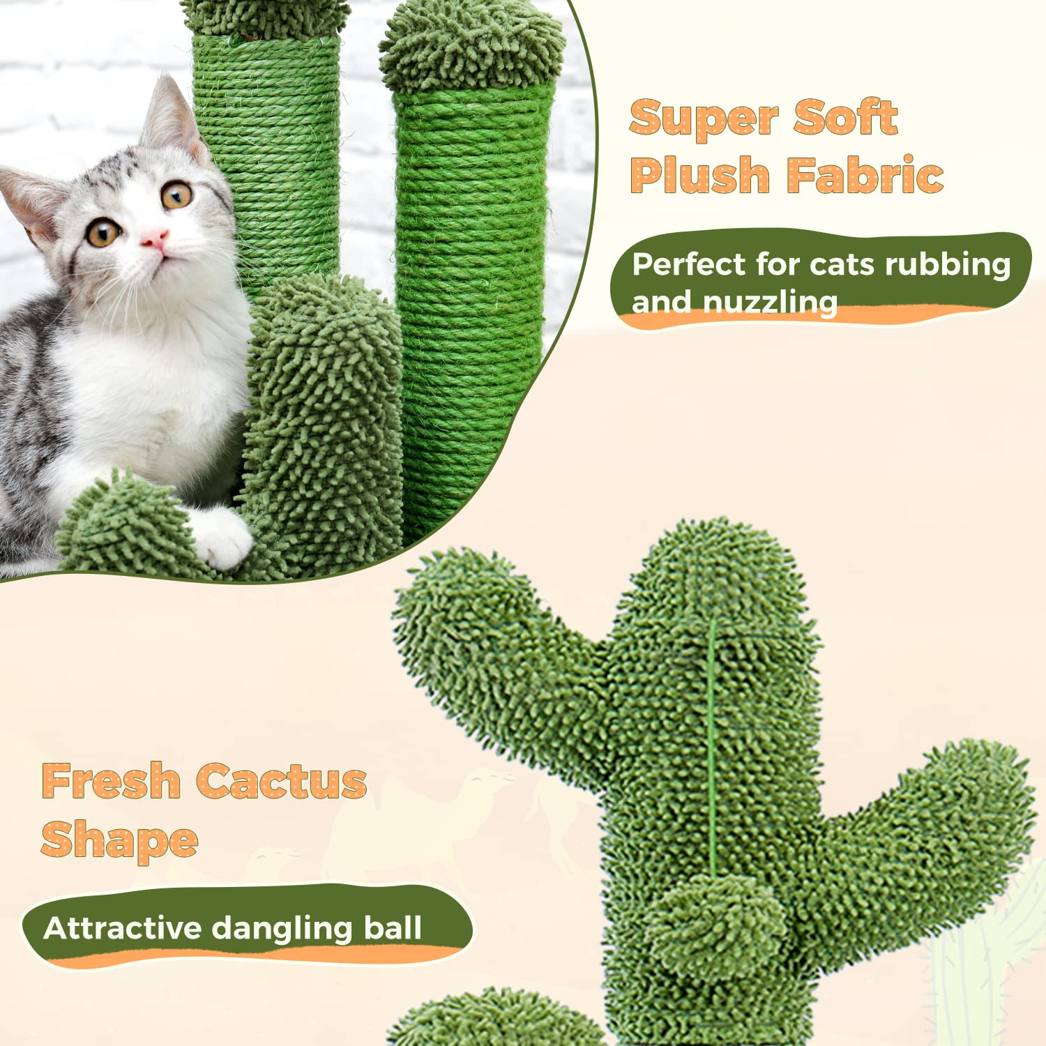 Pawz Road Cat Scratching Post Cactus Cat Scratcher Featuring With 3 Scratching Poles And Interactive Dangling Ball -Medium 23 Inches
