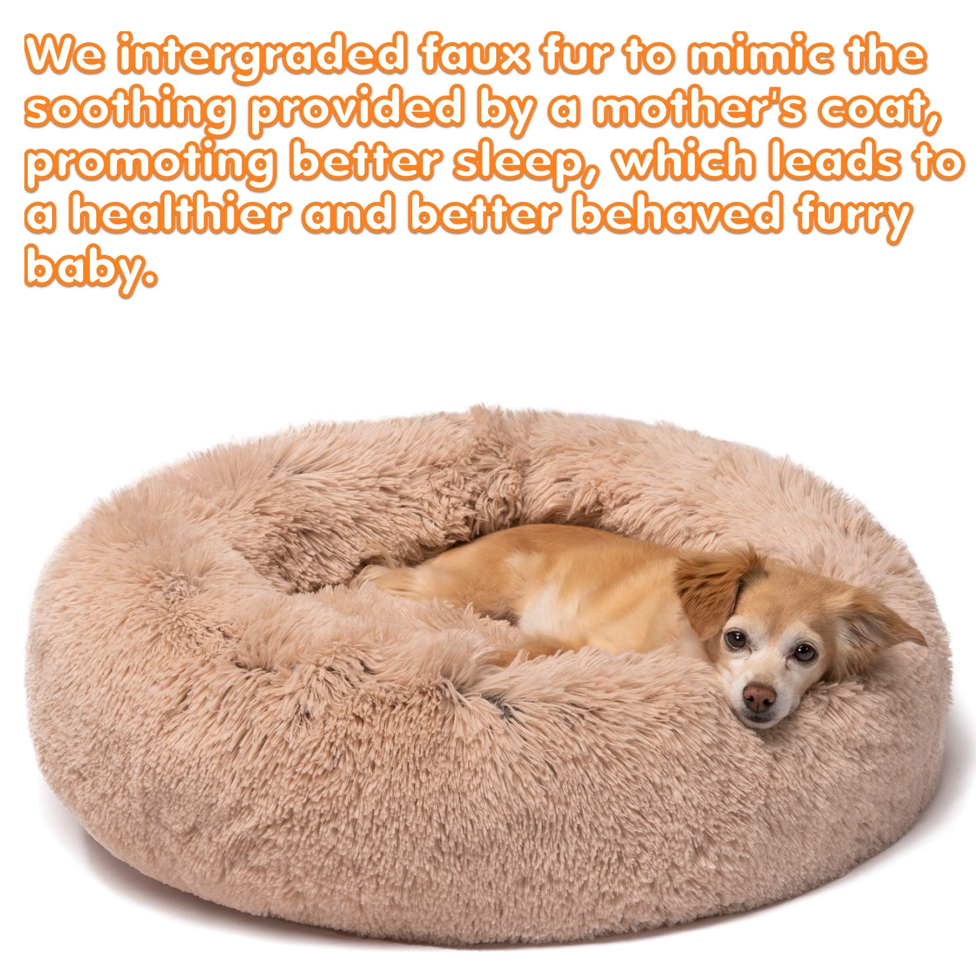 Friends Forever Donut Dog Bed Faux Fur Fluffy Calming Sofa For Small Dogs, Soft & Plush Anti Anxiety Pet Couch For Dogs, Machine