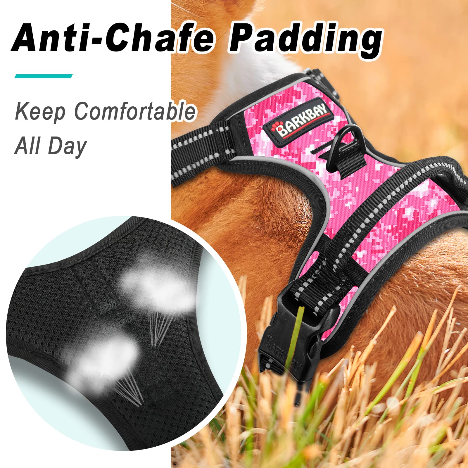 Barkbay No Pull Dog Harness Large Step In Reflective Dog Harness With Front Clip And Easy Control Handle For Walking Training Running(Pink Camo,S)