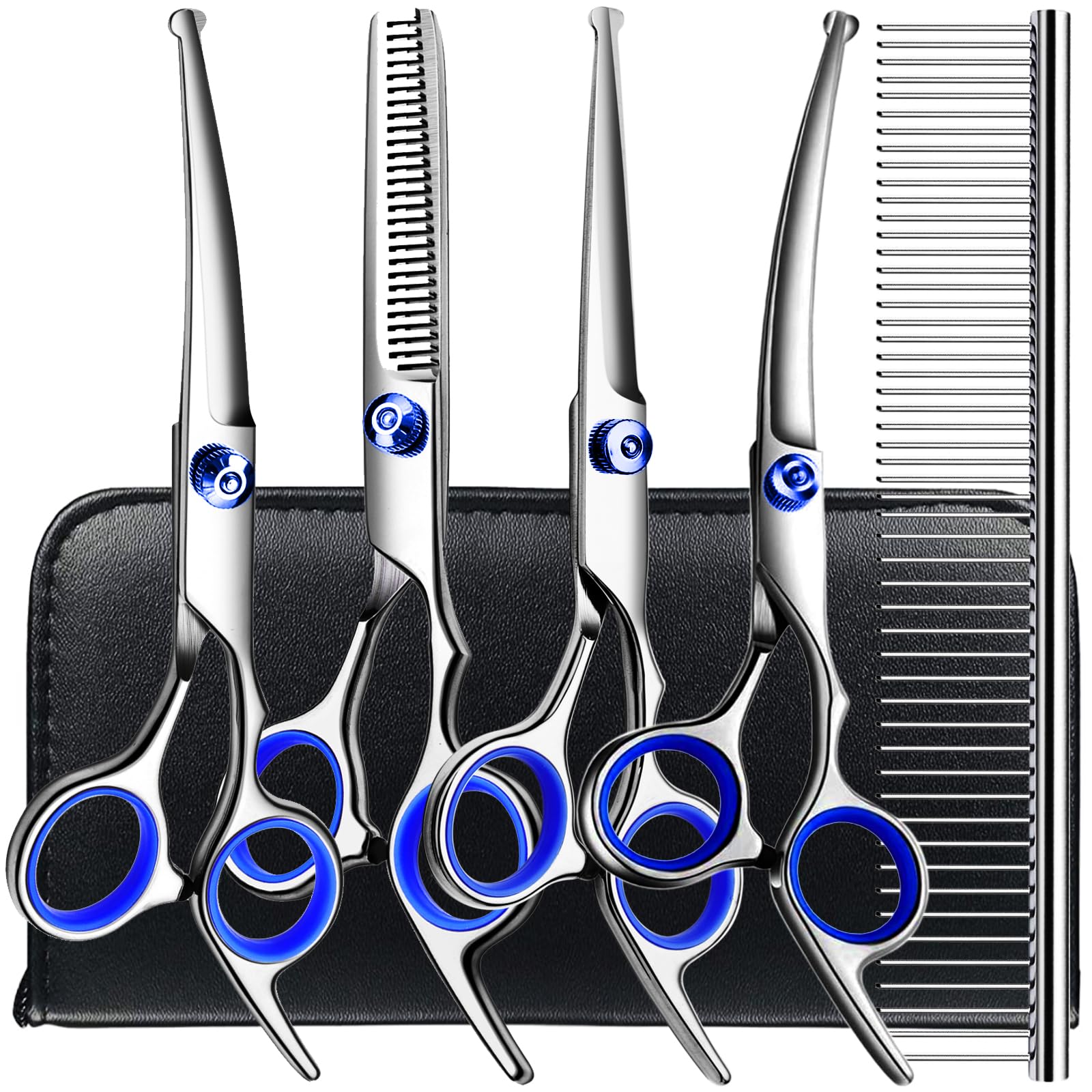 Professional 6 In1 Dog Grooming Scissors Kit, Titanium Coated Dog Scissors For Grooming, Grooming Shears Kit For Dogs Cat Pet At