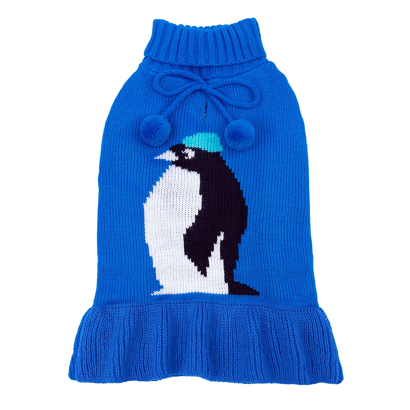 Cutebone Blue Dog Sweater Dress Penguin Pattern Knit Turtleneck Puppy Sweater With Craft Pom Pom Ball Pullover Ruffle Dress For