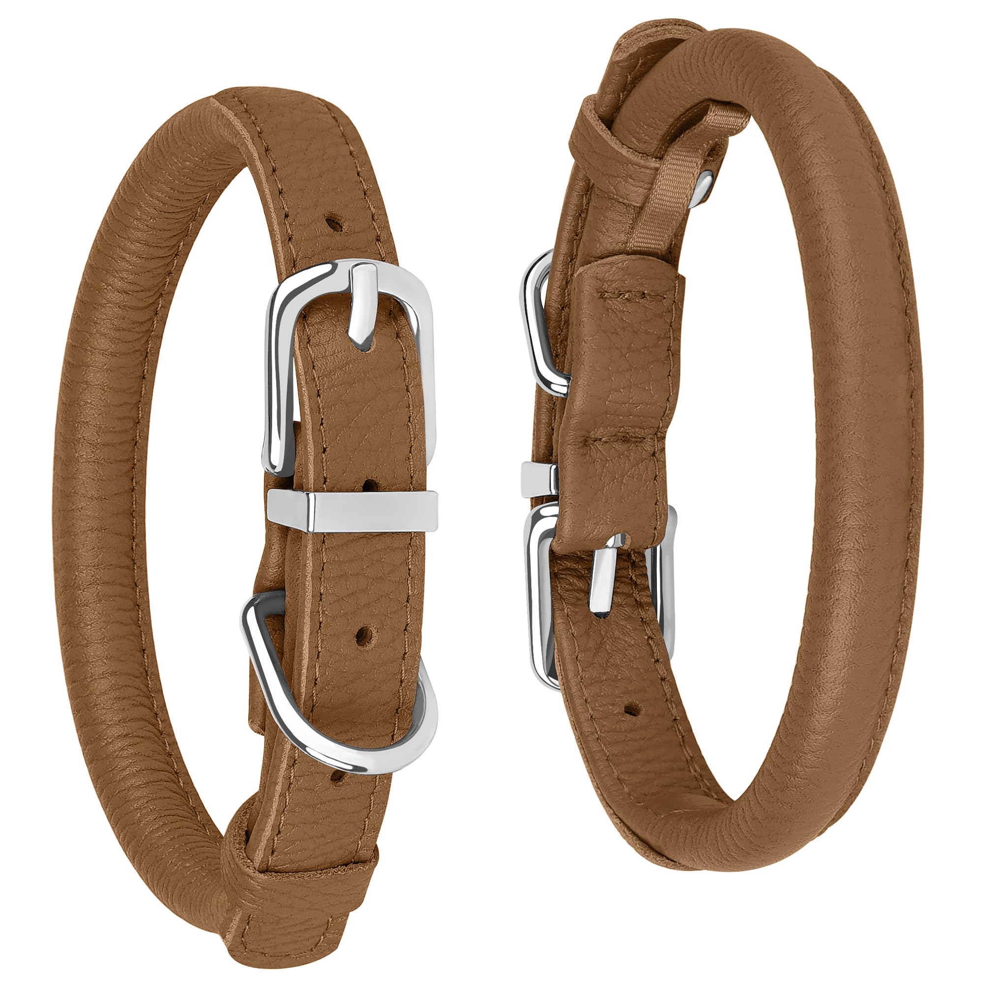 Oopsdoggy Rolled Leather Dog Collar Soft Roll Collars For Small Medium Large Dogs Puppy (Brown, S, 10''-13'')