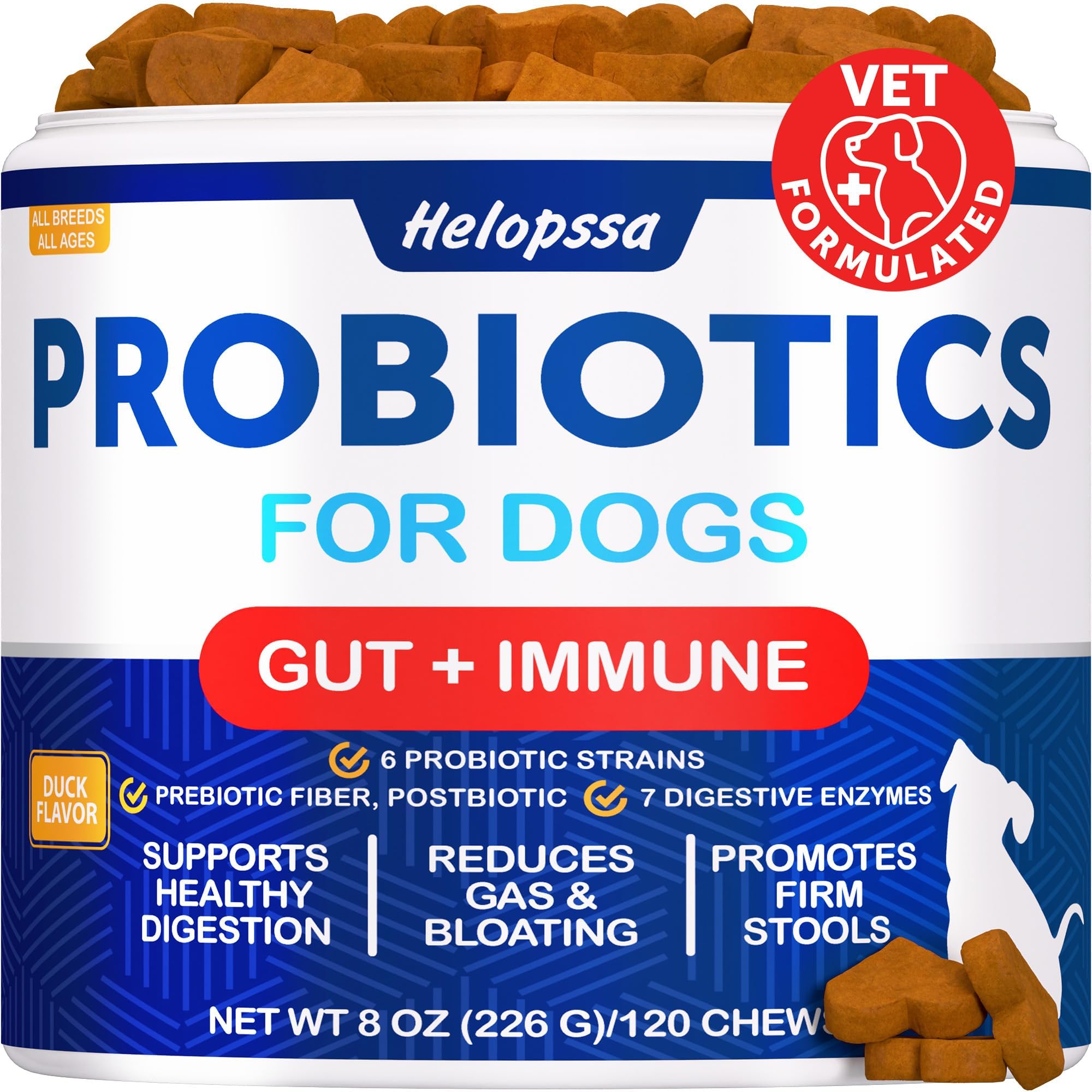 Probiotic Chews for Dogs - 6 Probiotic Strains, Prebiotic Fiber, 7 Digestive Enzymes - All Breeds - Duck Flavor Soft Dog Chewabl