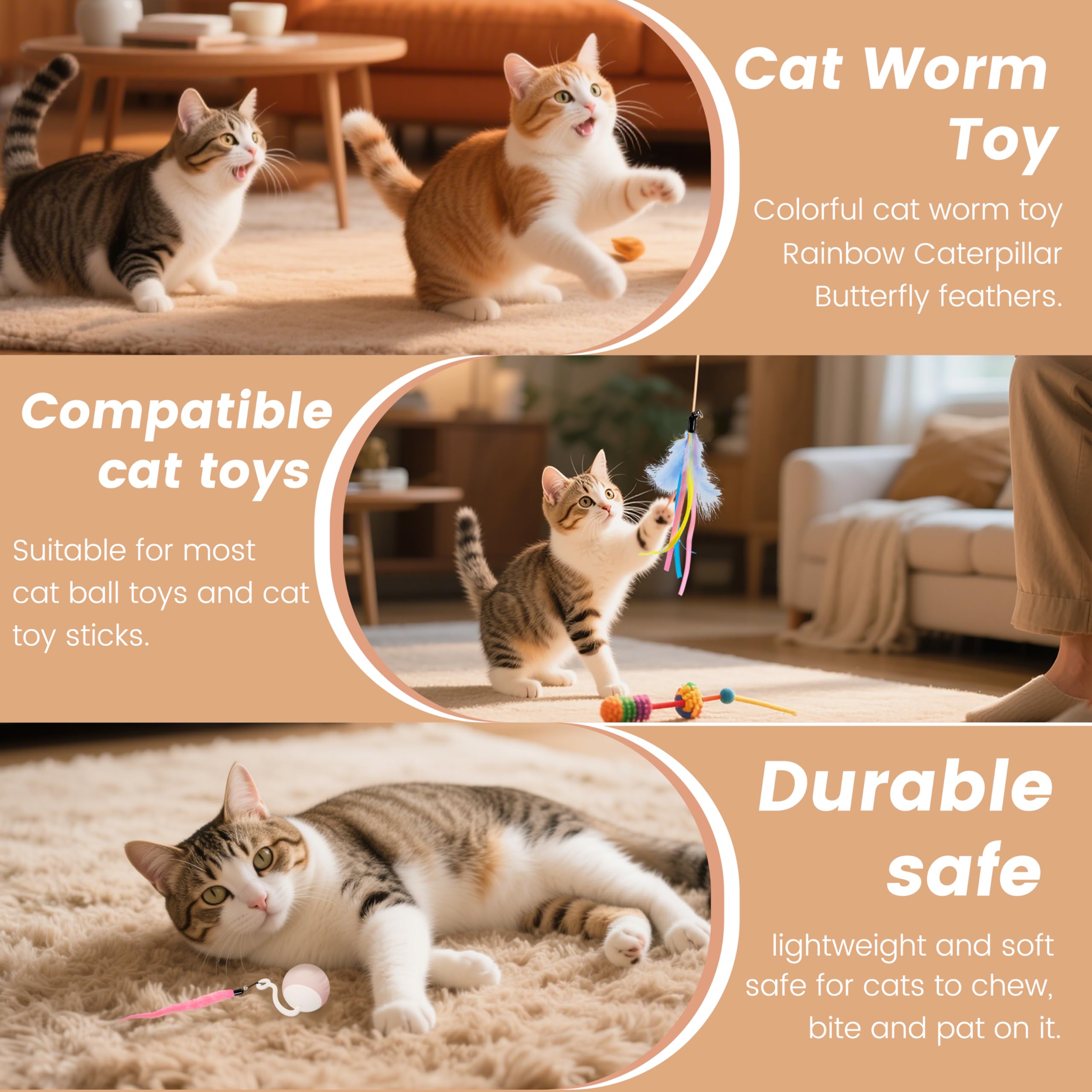 Gogodogya Cat Worm Toy Attachments For Automatic Cats Ball, Cat Feather Toy For Wand Toys, Fun Exerciser Kitten Toys, 6 Worm+2 R