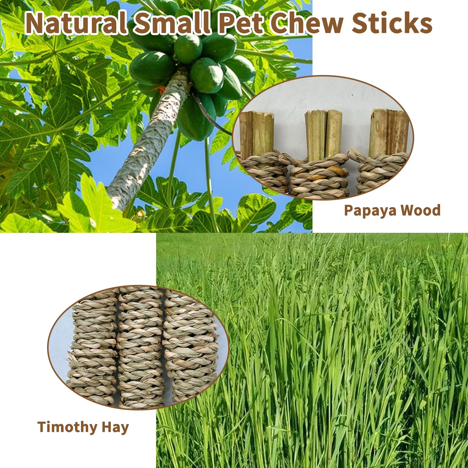 Fhiny 12 Pcs Rabbit Chew Sticks, Natural Papaya Wood Seagrass Guinea Pig Chew Toys For Teeth Small Animal Molar Sticks Snacks Fo