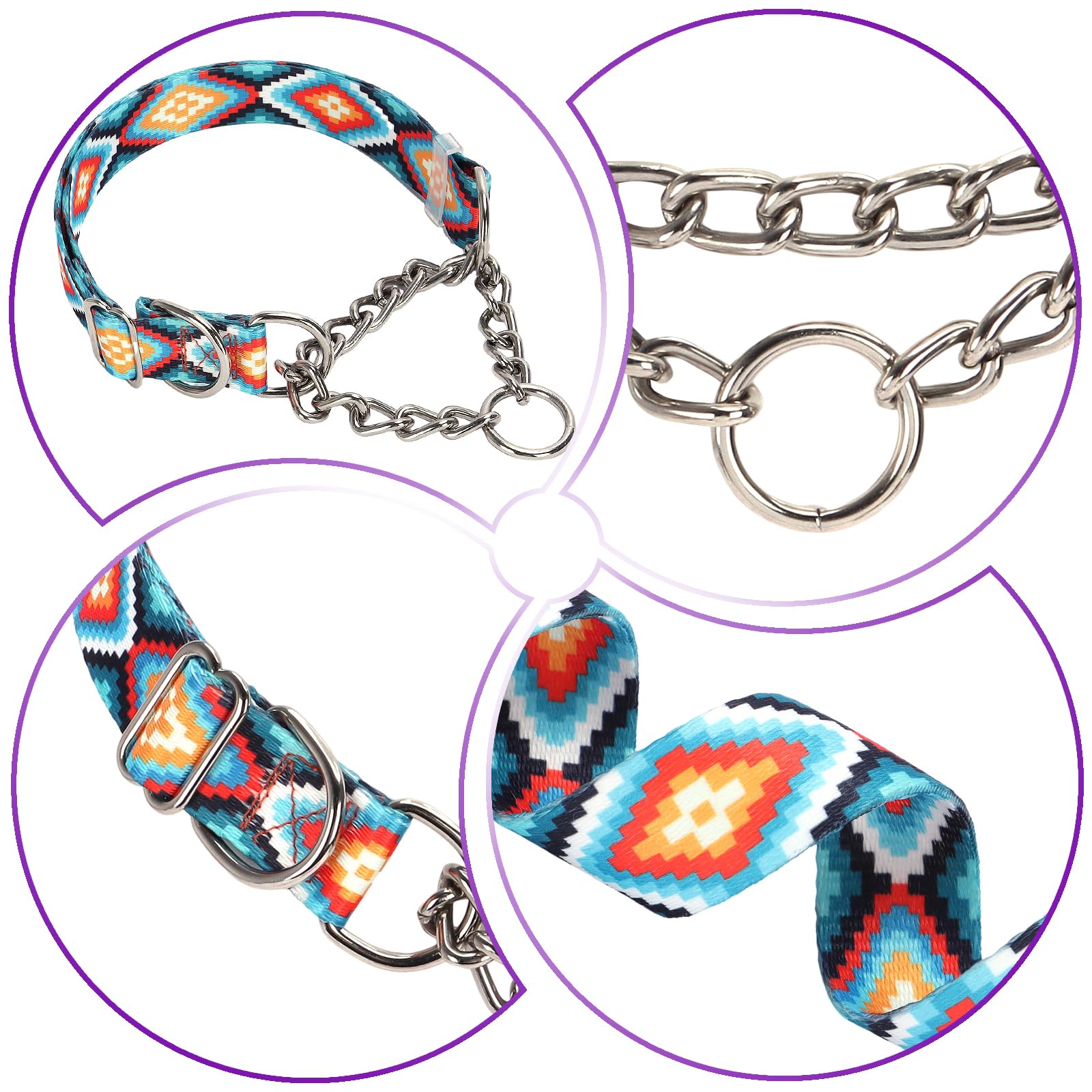 Martingale Dog Collar With Chain, No Pull Slip Cinch Choker Choke Collar Western Boho Aztec Duty Dog Collar For Medium Large Ext