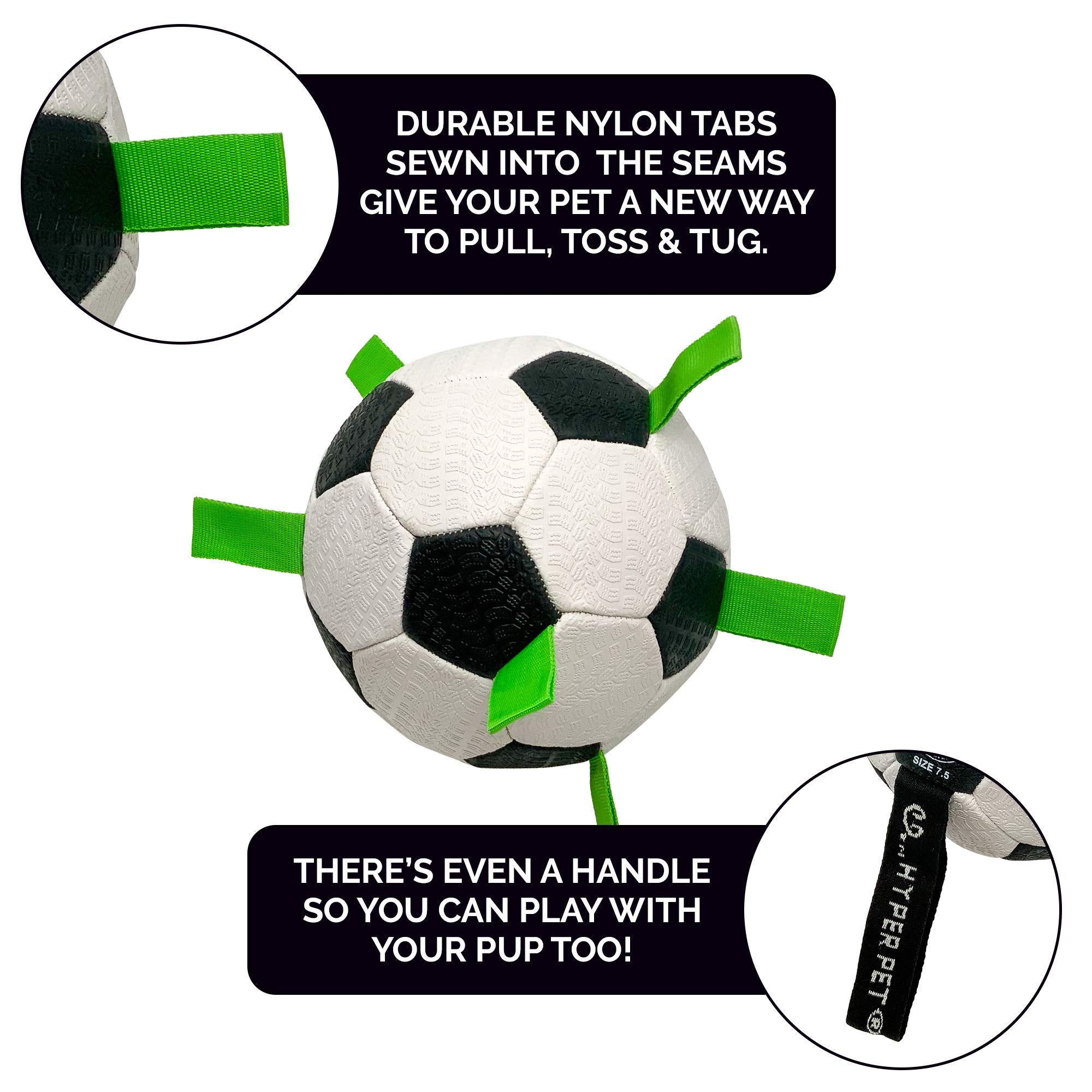 Hyper Pet The Original Quality Grab Tabs Dog Soccer Ball & Dog Football (Indoor-Outdoor Interactive Dog Toy Dog Balls With Easy Grab Tabs) Fun Dog Tug Toy And Dog Ball - 7.5'