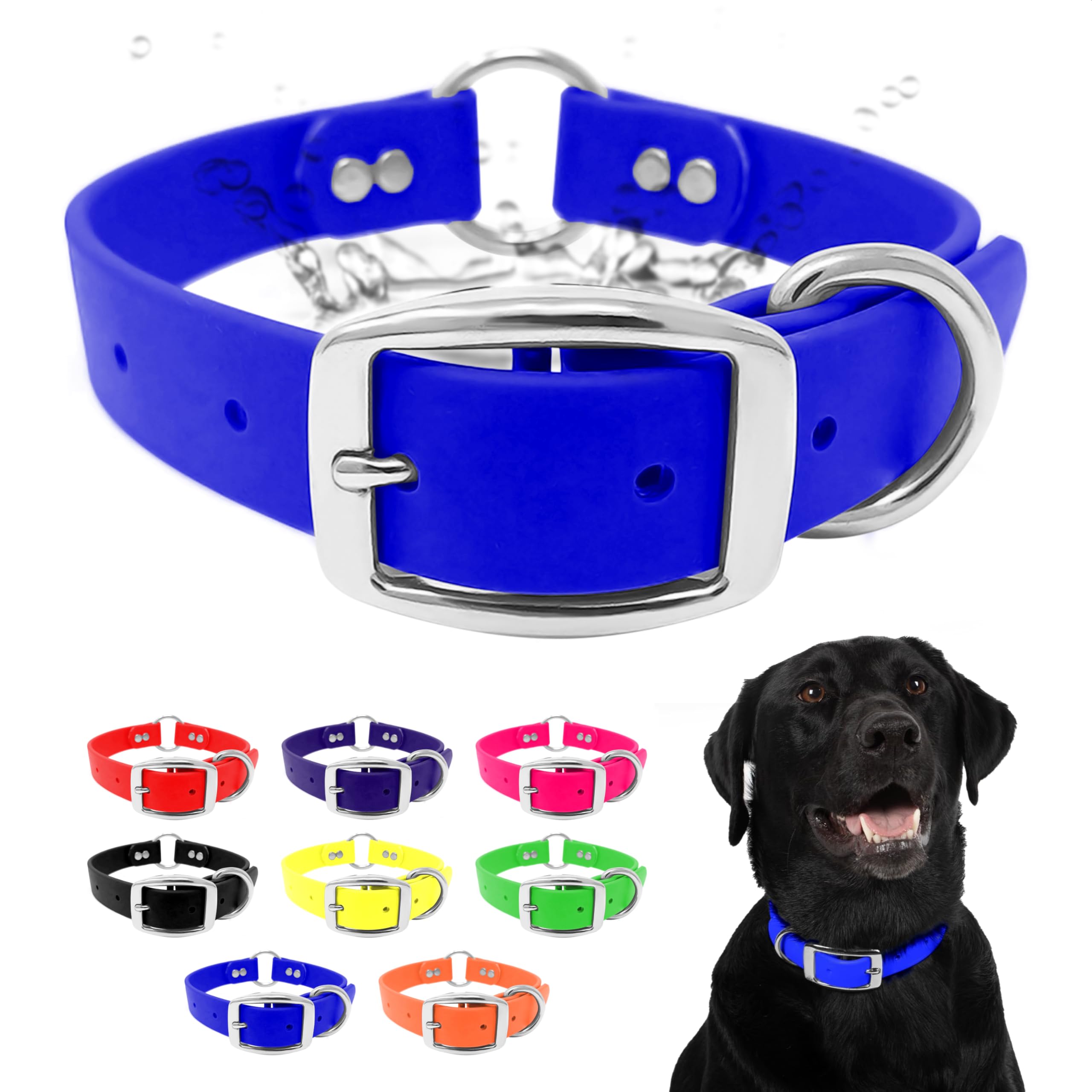 Regal Dog Products Large Blue Dog Collar With Heavy Duty Double Buckle & D Ring | Vinyl Coated, Custom Fit, Adjustable Biothane 