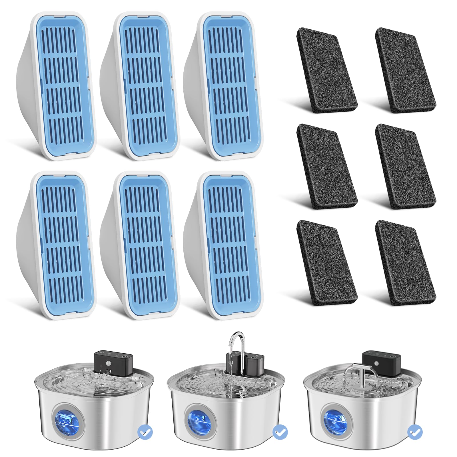 Replacement Cat Water Fountain Filters, 6 Filters And 6 Pre-Filter Sponges For 108Oz/3.2L Stainless Steel Pet Water Fountain 309
