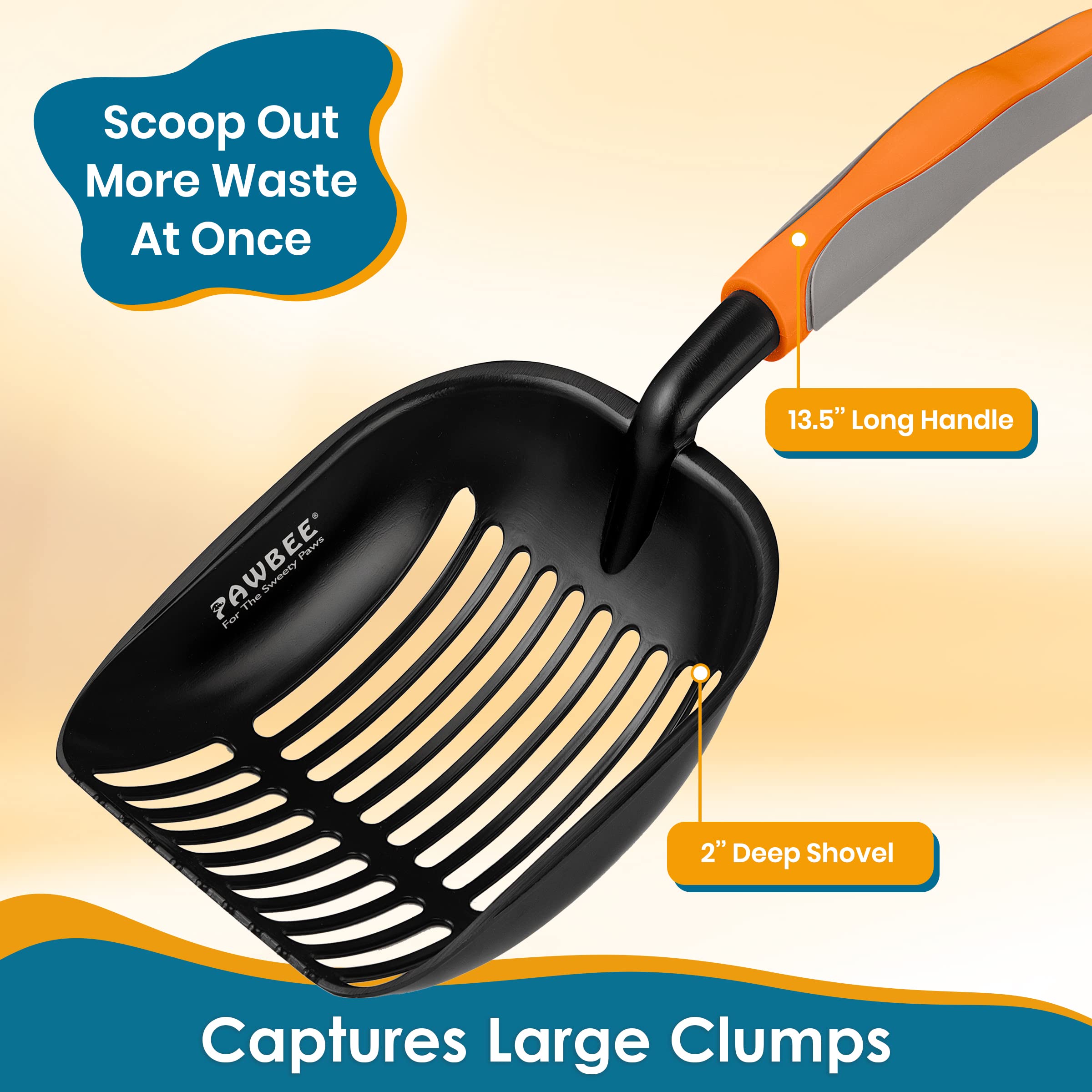 Pawbee Metal Cat Litter Scoop - Premium Non-Stick Cat Litter Scooper With Holder - Deep Shovel Cat Scooper - Long Non-Slip Handle Kitty Litter Scoop - Cat Poop Scooper - Cat Scooper For Litter Box