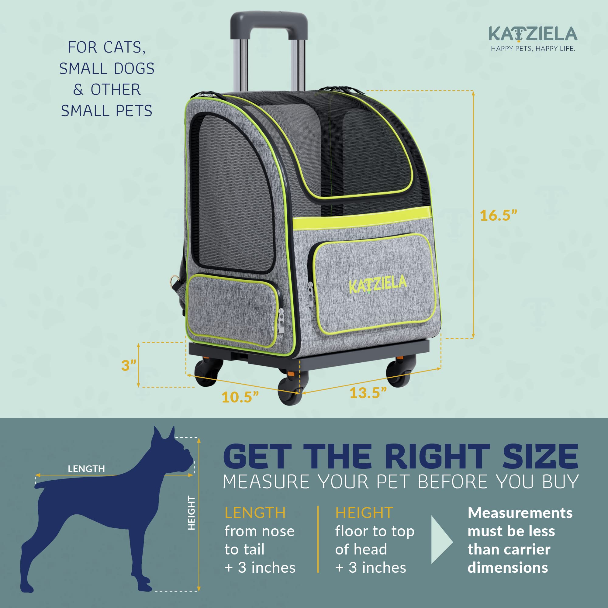 Katziela Wheeled Pet Carrier Backpack - Soft Sided, Airline Approved Hiking Carrying Bag For Small Dogs And Cats ?Removable Rolling Wheels ?Mesh Ventilation Windows, Storage Pockets (Green/Gray)