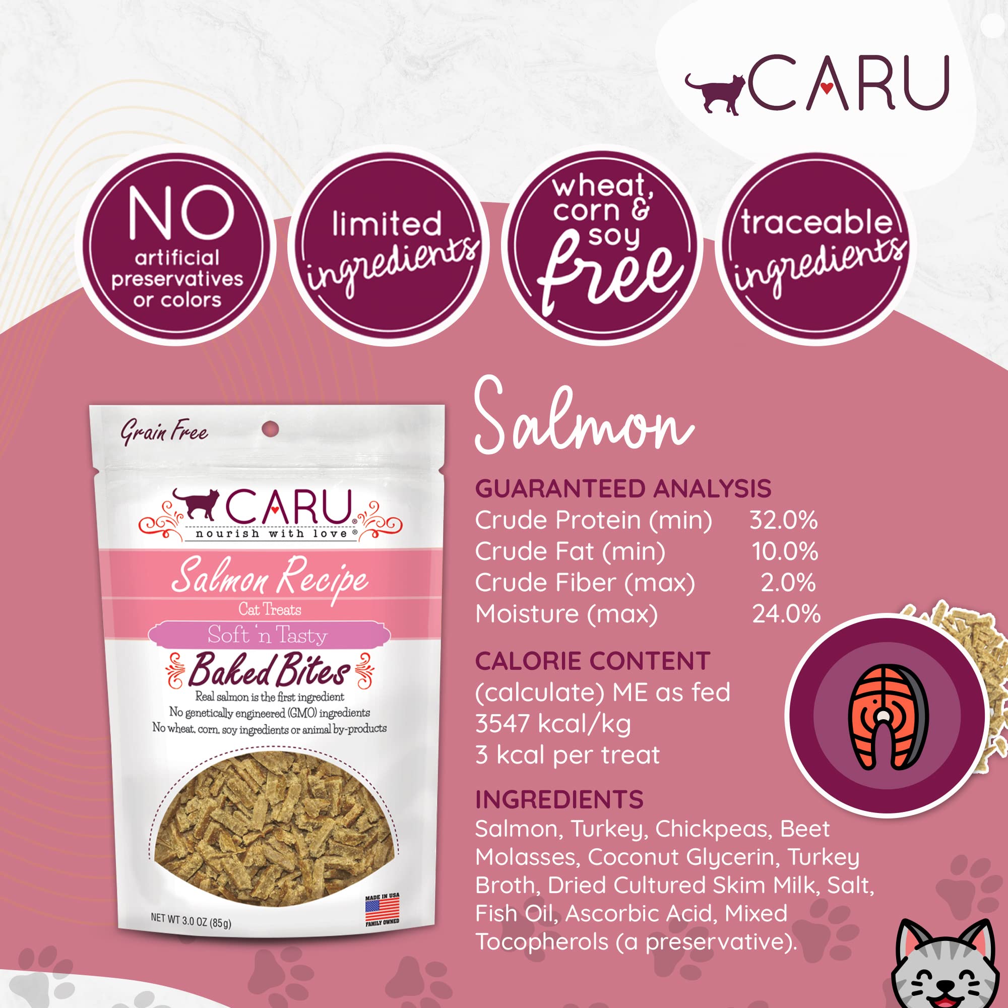 CARU - Soft n Tasty Baked Bites - Salmon Bites Cat Treats - Flavorful All-Natural Treats - 3 oz.