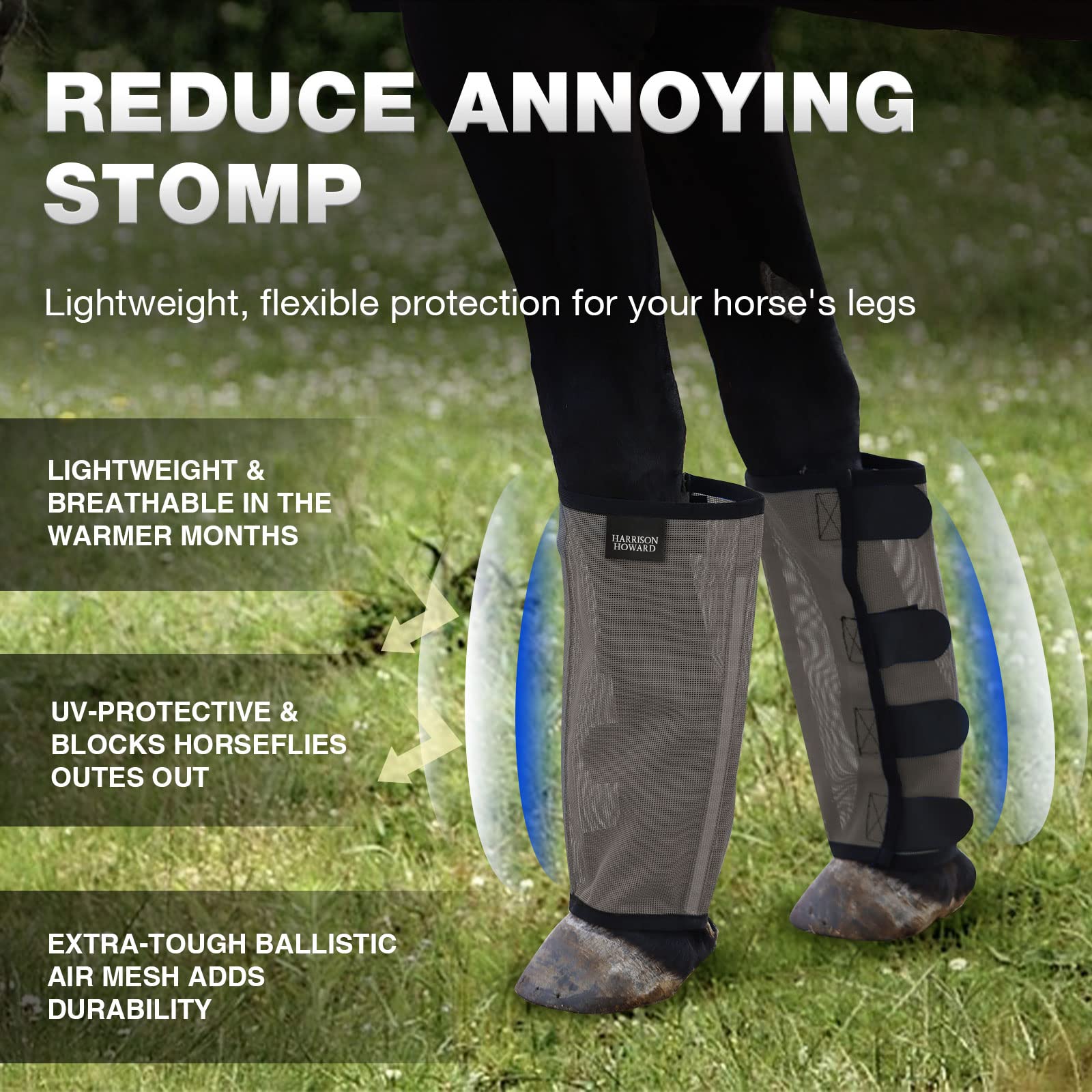 Harrison Howard Loose Fitting Fly Boots Uv-Protective Extra Tough Mesh Ventilated Four Fasteners Stay-On Design Protect Horse Le