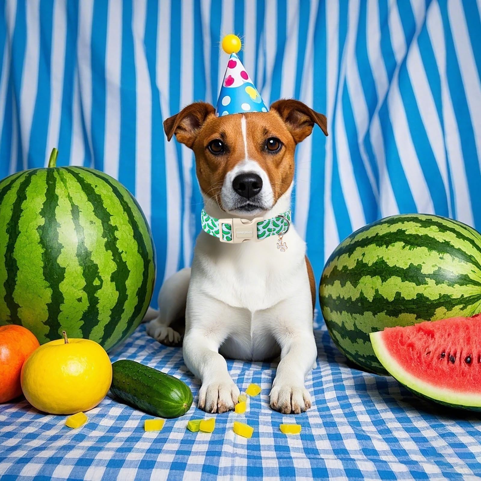 Lionet Paws Summer Dog Collar- Cute Cucumbers Dog Collars With Plastic Buckle,Blue Stripe Light Adjustable Dog Collars For Mediu