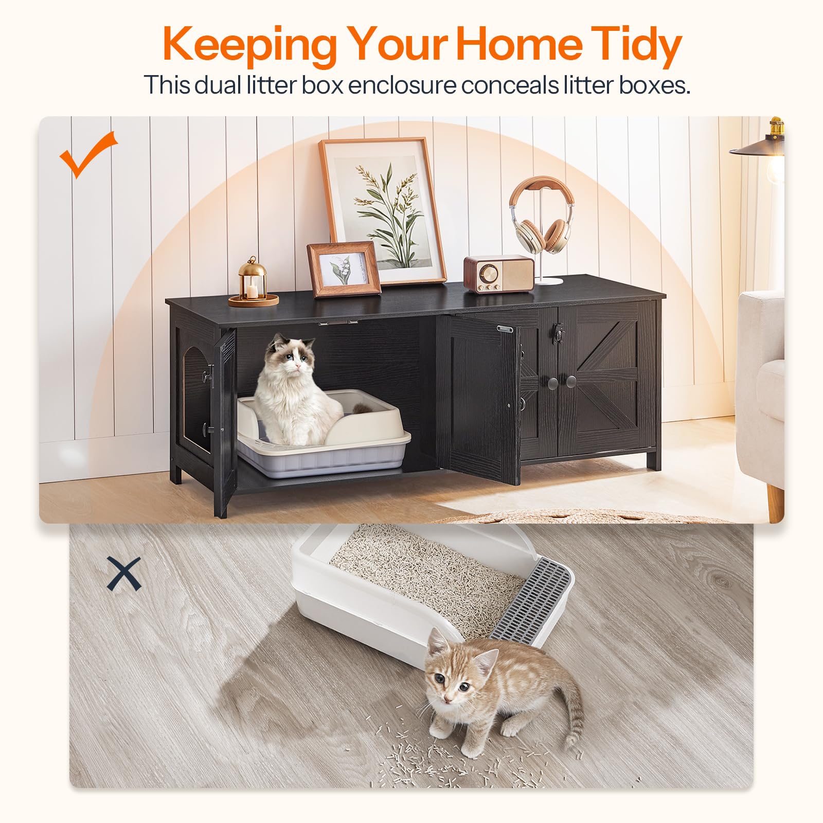 Hoobro Cat Litter Box Enclosure For 2 Cats, Hidden Litter Box Furniture, 47.2 X 17.7 X 19.7 Inches, Wooden Tv Stand With Dual Ro