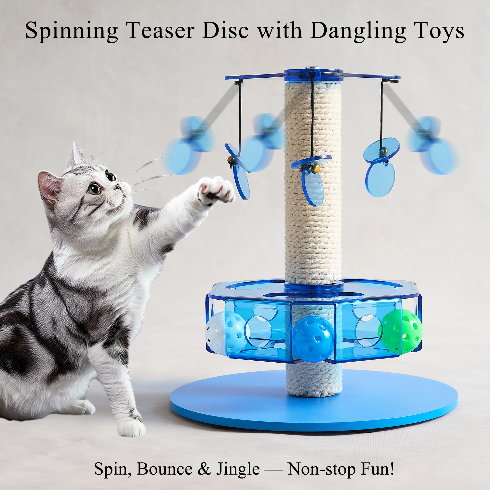 Kicari 3-in-1 Interactive Cat Toy with Scratching Post, Acrylic, Blue, 11.42"x11.42"x13.19", Model Blue-001, Rotating Puzzle