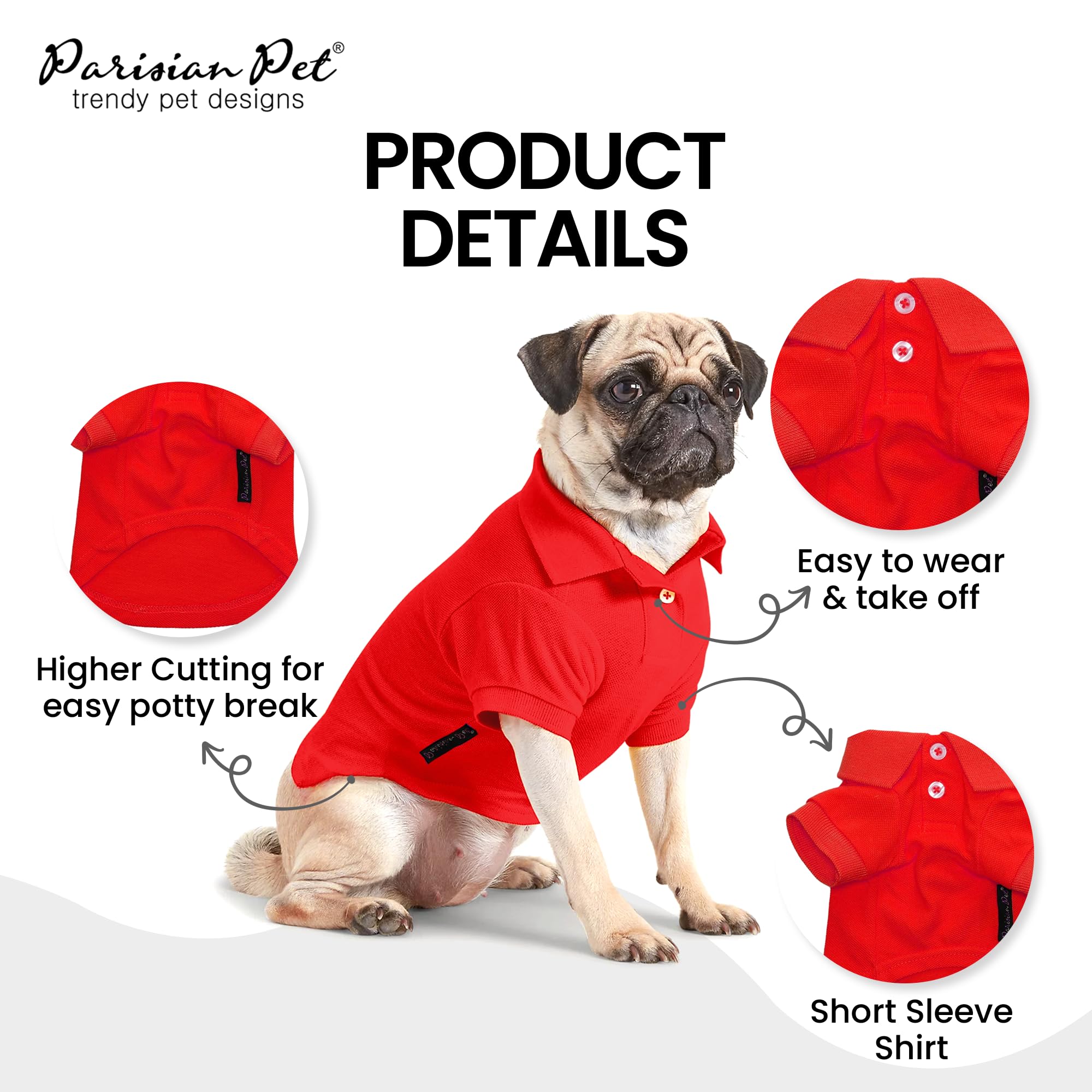 Parisian Pet Dog Polo Shirt - Breathable Cotton Shirt - Solid Red Color Summer Pullover - Button Up Collar Polo For Large Dogs
