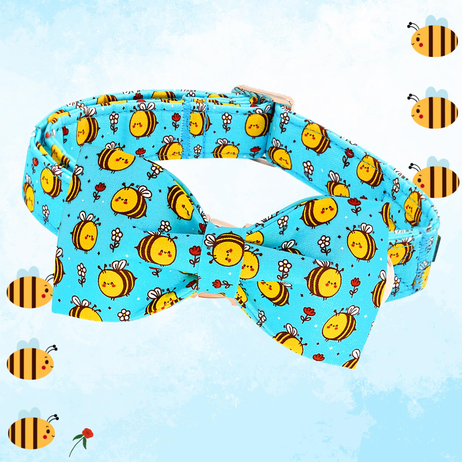 Lionheart Glory Dog Collar, Blue Dog Bow Collar Boy Girl Dog Collars With Bow Adjustable Bees Print Bowtie Collar For Large Dogs