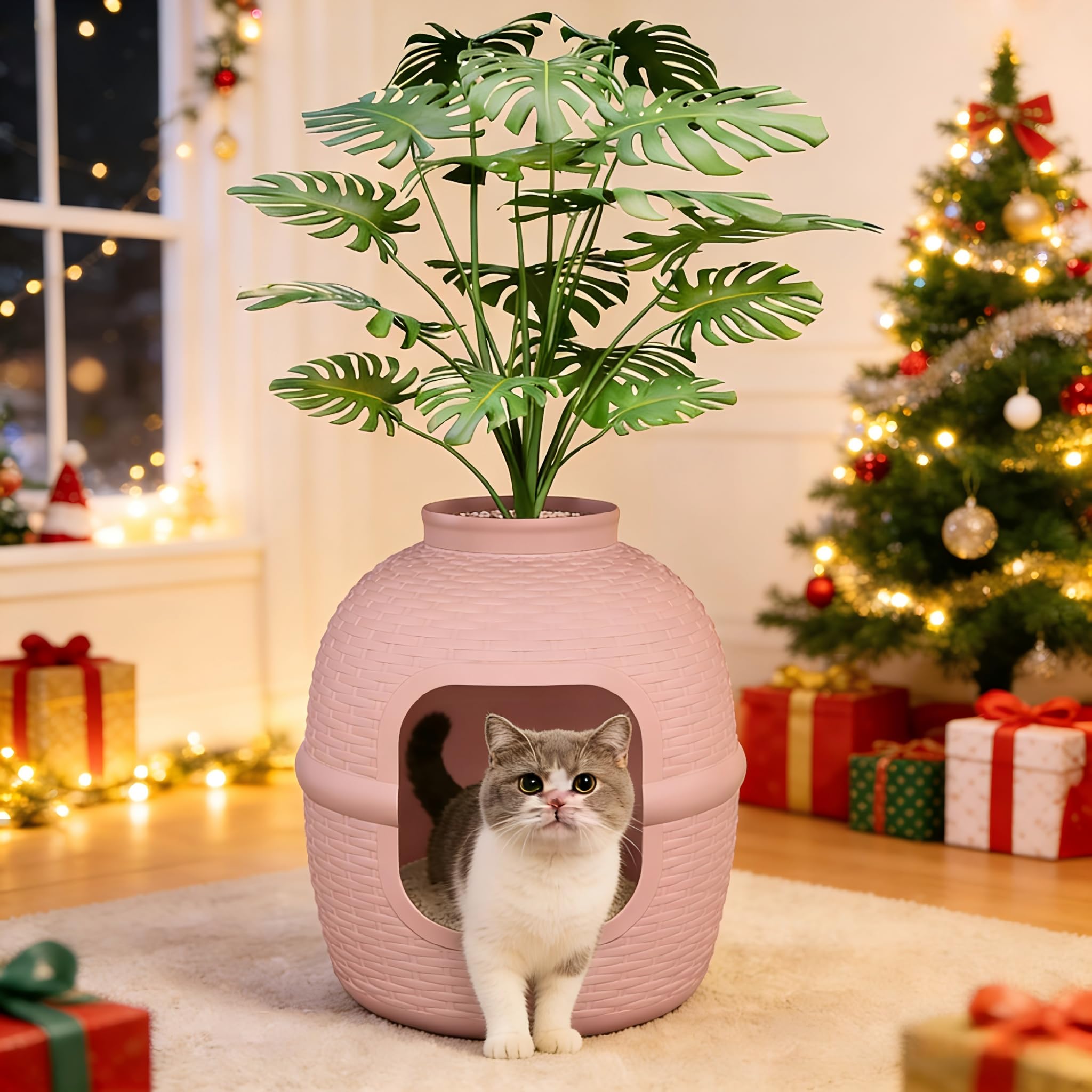FansaFurn Large Cat Litter Box, Hidden Litter Box with Faux Plant, Heavy Duty Litterbox Enclosure Furniture with Rattan Pattern,