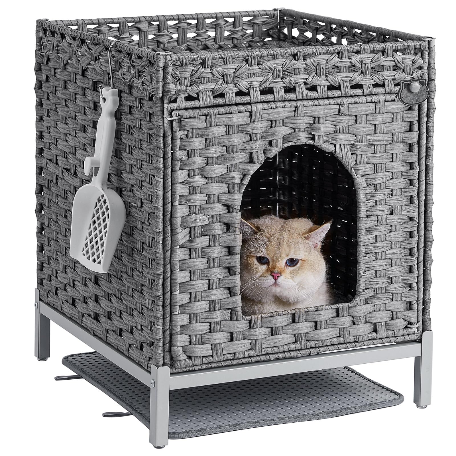Setvson Cat Litter Box Enclosure Hidden Litter Box Furniture With Metal Heightened Feet, Rattan Handwoven Cat House With Litter 