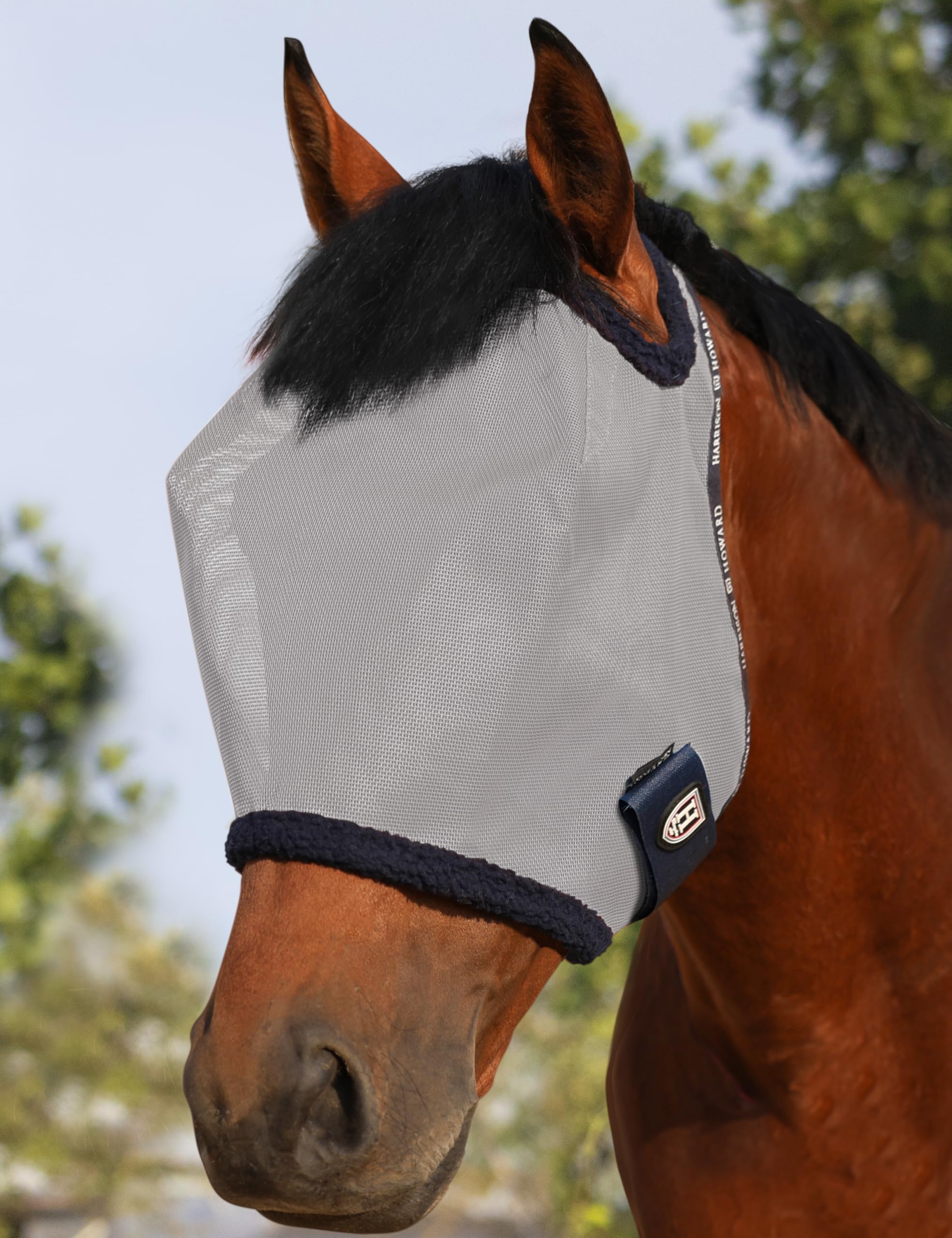 Harrison Howard All Round Mesh Horse Fly Mask UV Protective with Fleece Padded Edging Grey L