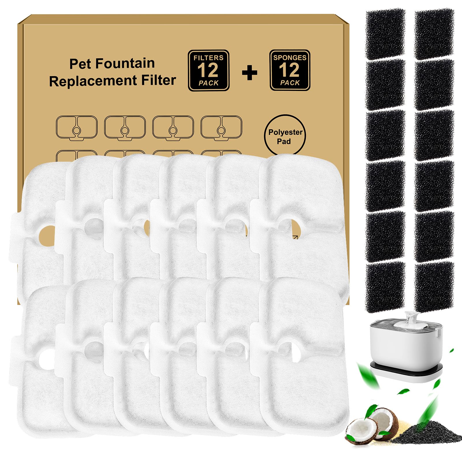 24 Pcs Replacement Filters For Dockstream Cat Water Fountain Plwf105/Plwf115/Plwf005, 12 Pack Pet Water Fountain Filters With 12