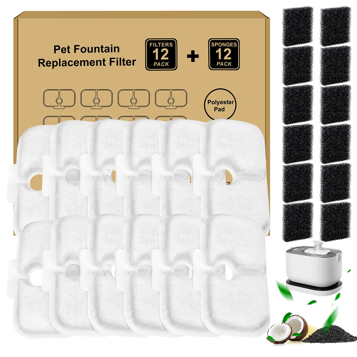 24 Pcs Replacement Filters For Dockstream Cat Water Fountain Plwf105/Plwf115/Plwf005, 12 Pack Pet Water Fountain Filters With 12