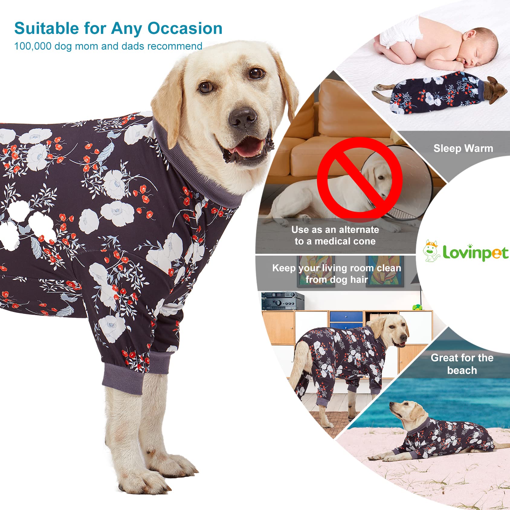 Lovinpet Medium/Big Breeds Large Dog Pajamas, Anti Licking, Wound Care/Post Surgery Dogs Pajamas, Lightweight Stretchy Fabric, B