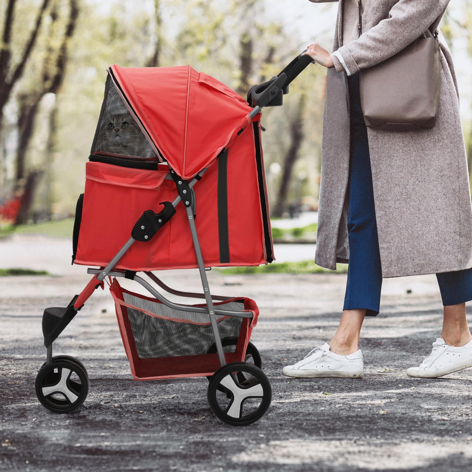 Monibloom 3 Wheels Pet Stroller, Foldable Puppy Cage Jogger Stroller With Weather Cover For All-Season, Storage Basket And Cup Holder, Breathable And Visible Mesh For Small/Medium Pets, Red