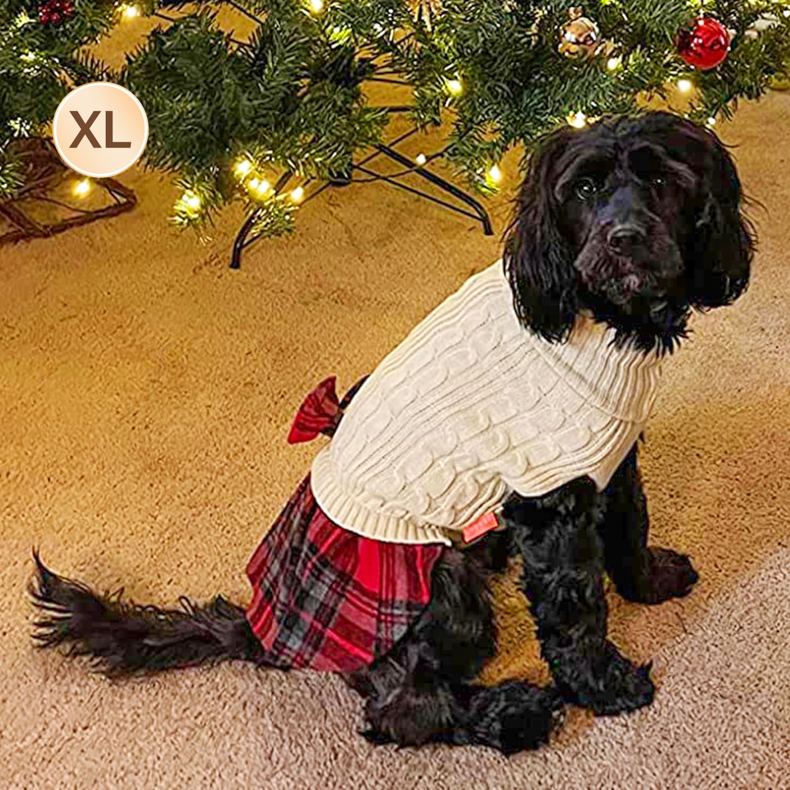 Kyeese Dog Sweater Dress Beige For Small Medium Dogs With Bowtie Buffalo Check Turtleneck Dog Sweaters Warm Pet Sweater