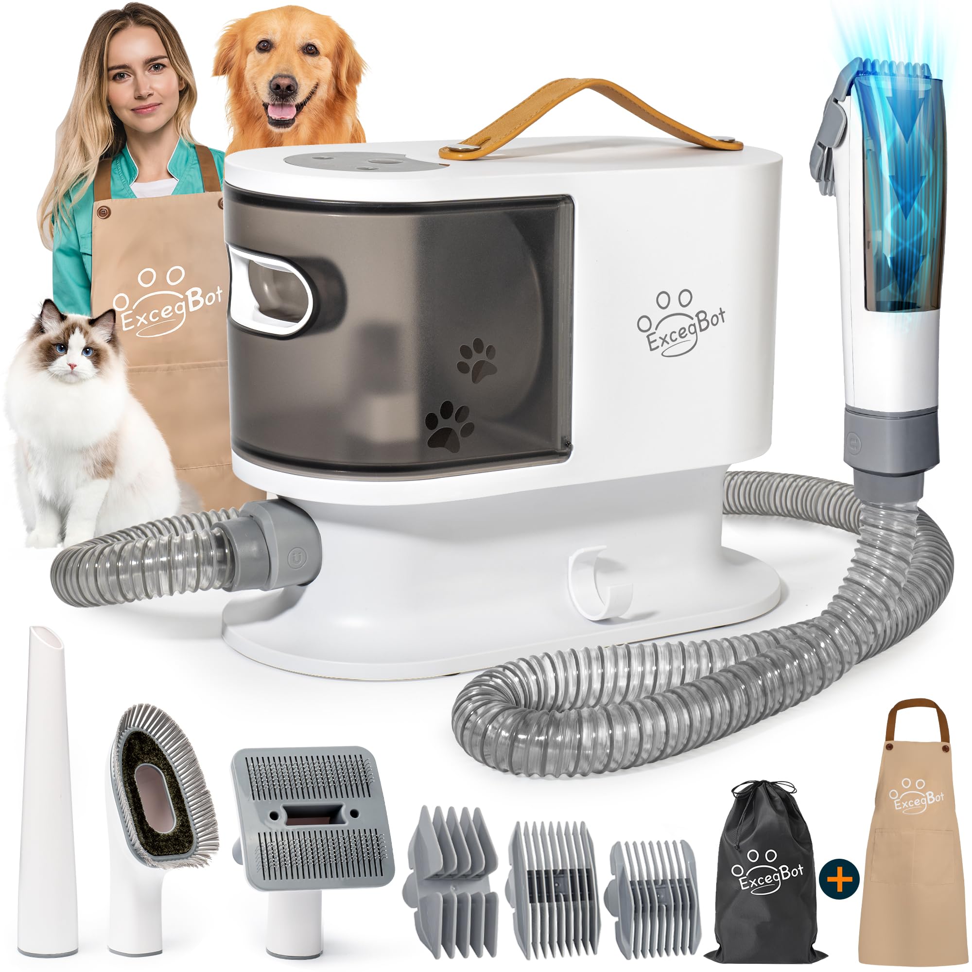 ExcegBot Dog Grooming Vacuum, Dog Grooming Kit 12kPa Suction Hair Remover Low Noise Pet Brush Vacuum Collects 99% Hair, 2L Dust 