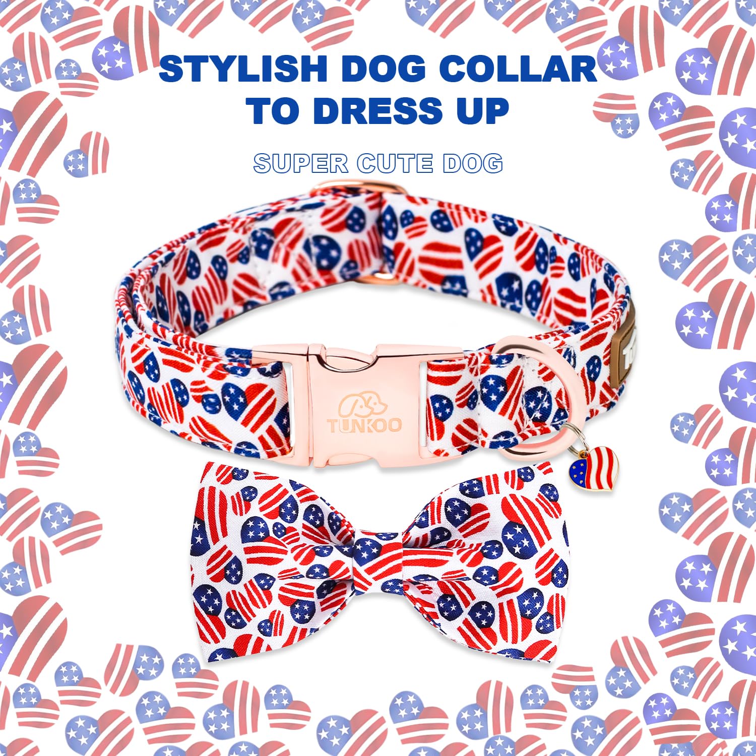 Tunkoo American Flag Dog Collar With Bow Tie Super Cute Heart, Adjustable And Stylish Pet Collar With Metal Buckle, Available In