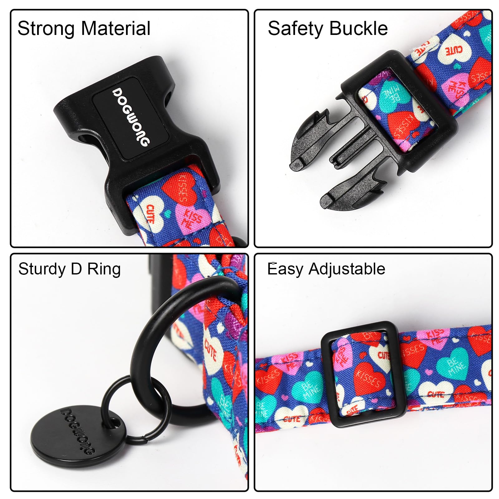 Dogwong Valentine'S Dog Collar - Blue Heart Candy Adjustable Cotton Heart Dog Collar - Perfect For Medium, Large Dogs