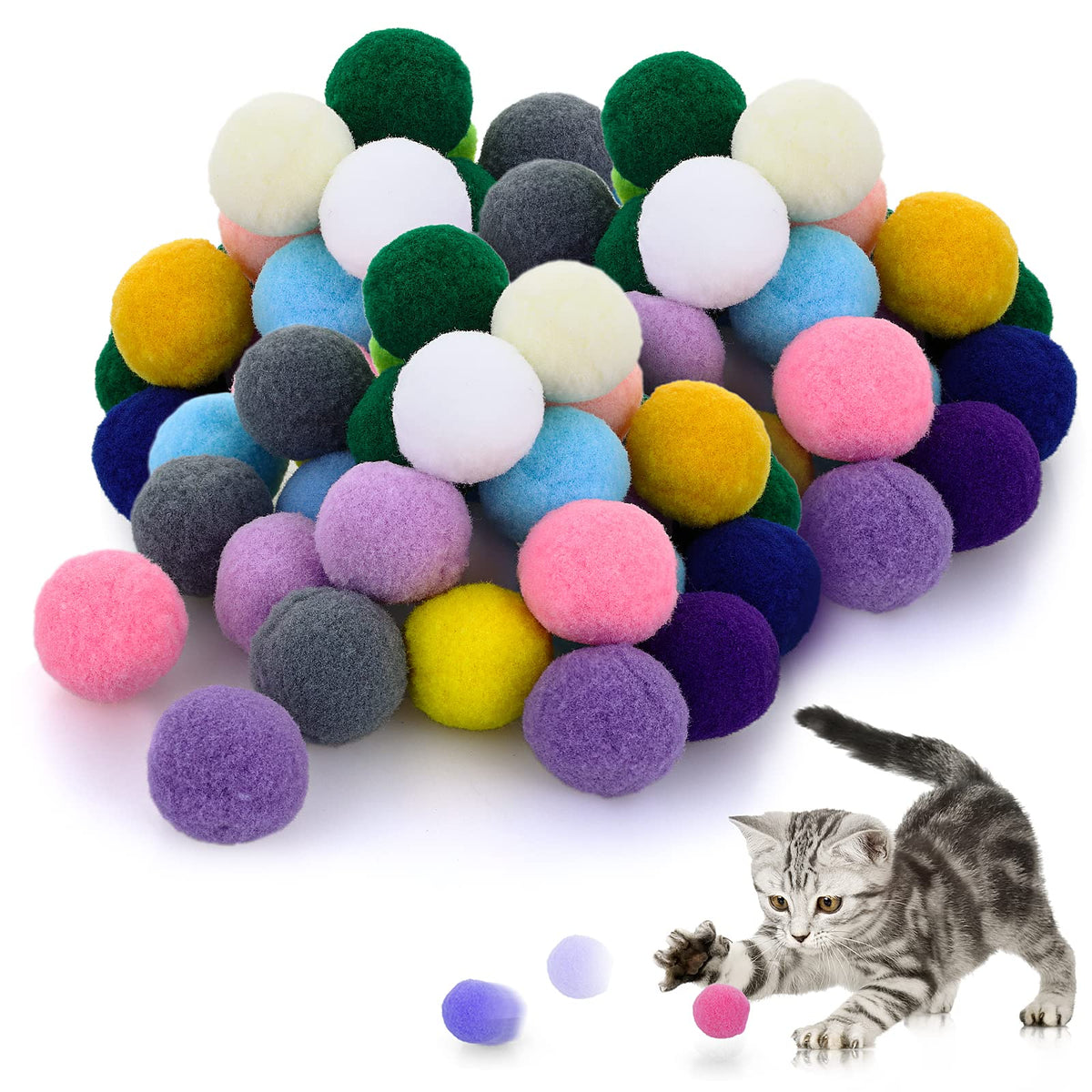 Molain Large Cat Toy Balls, Soft Cat Balls 1Inch Kitten Pom Poms Ball Cat Play Toy (50 Pcs)