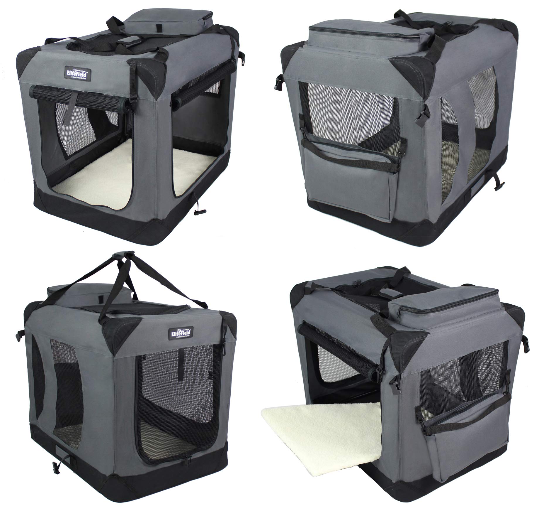 EliteField 3-Door Folding Dog Crate, Gray, 36"x24"x28", Steel, Includes Carrying Bag & Fleece Bed, 2 Year Warranty