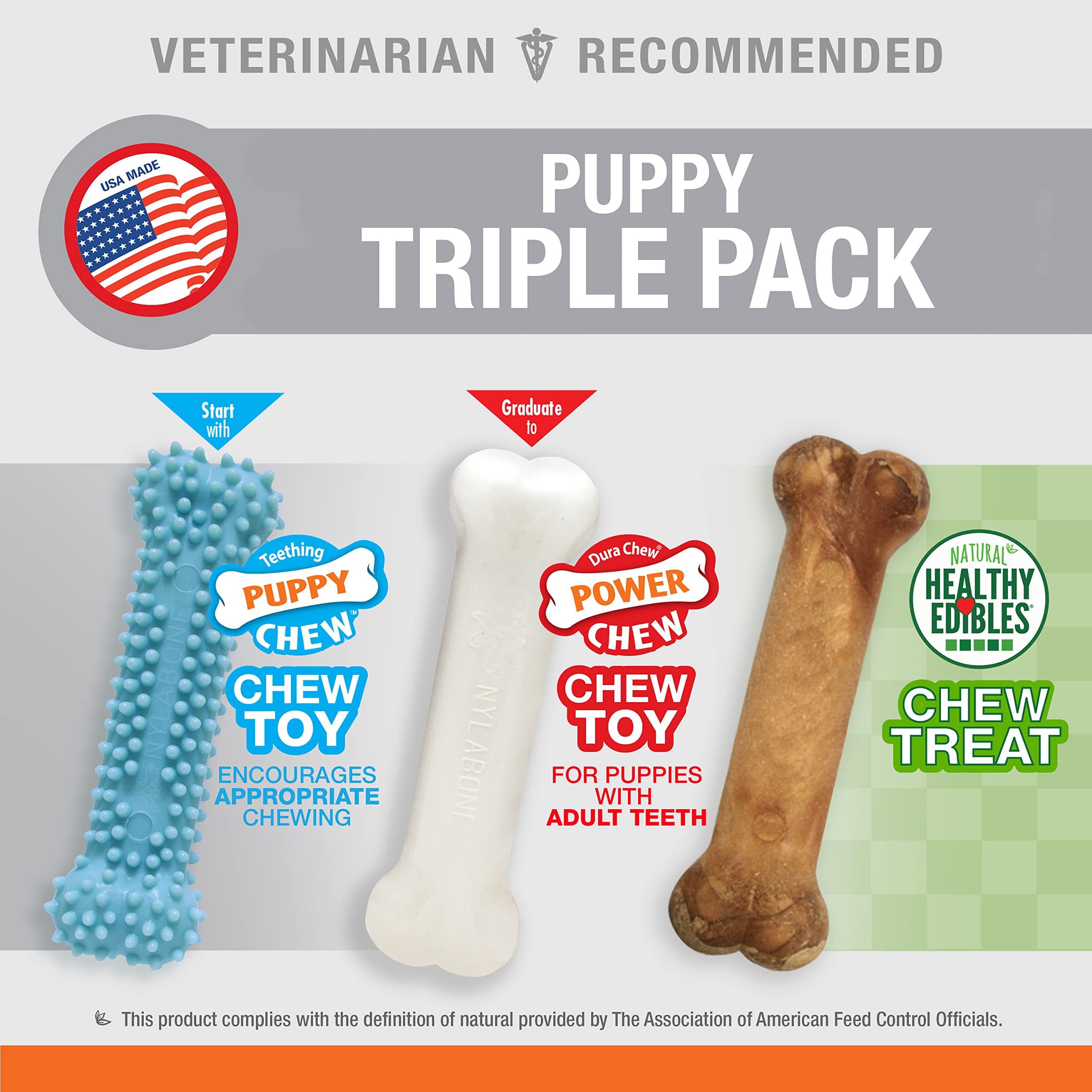 Nylabone Puppy Chew Toys & Natural Treat Triple Pack, Blue, Chicken & Bacon Flavor, Small - Up To 25 Ibs, 3 Pack