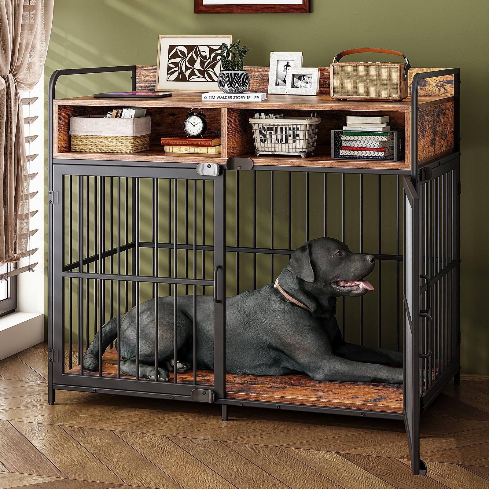 Saudism Large Furniture Dog Crate, Dog Kennel Indoor, Wood Dog Cage Table with Drawers Storage, Heavy Duty Dog Crate, Jaula para